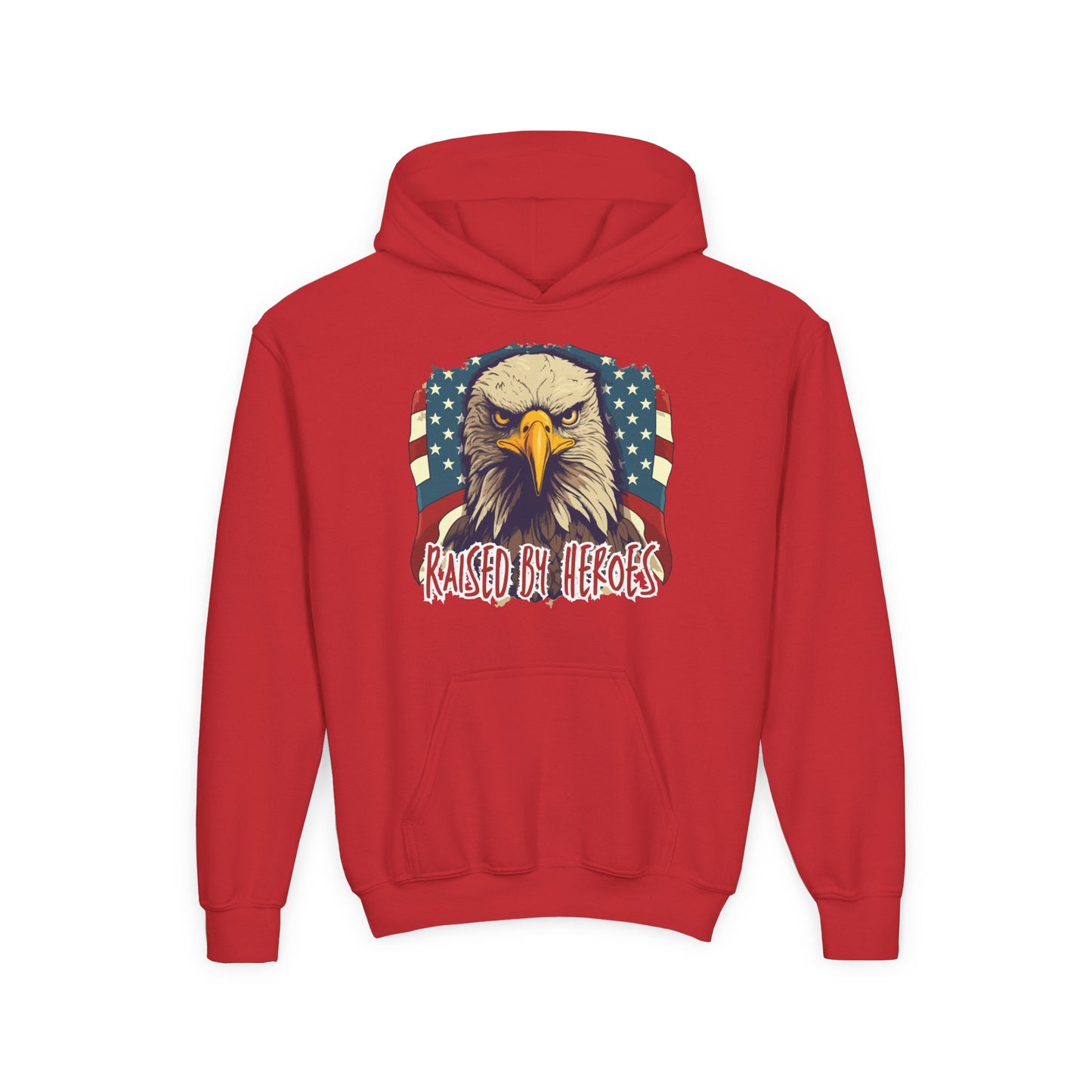 ‘Raised by Heroes’ Patriotic Youth Heavy Blend Hoodie, American Spirit Apparel