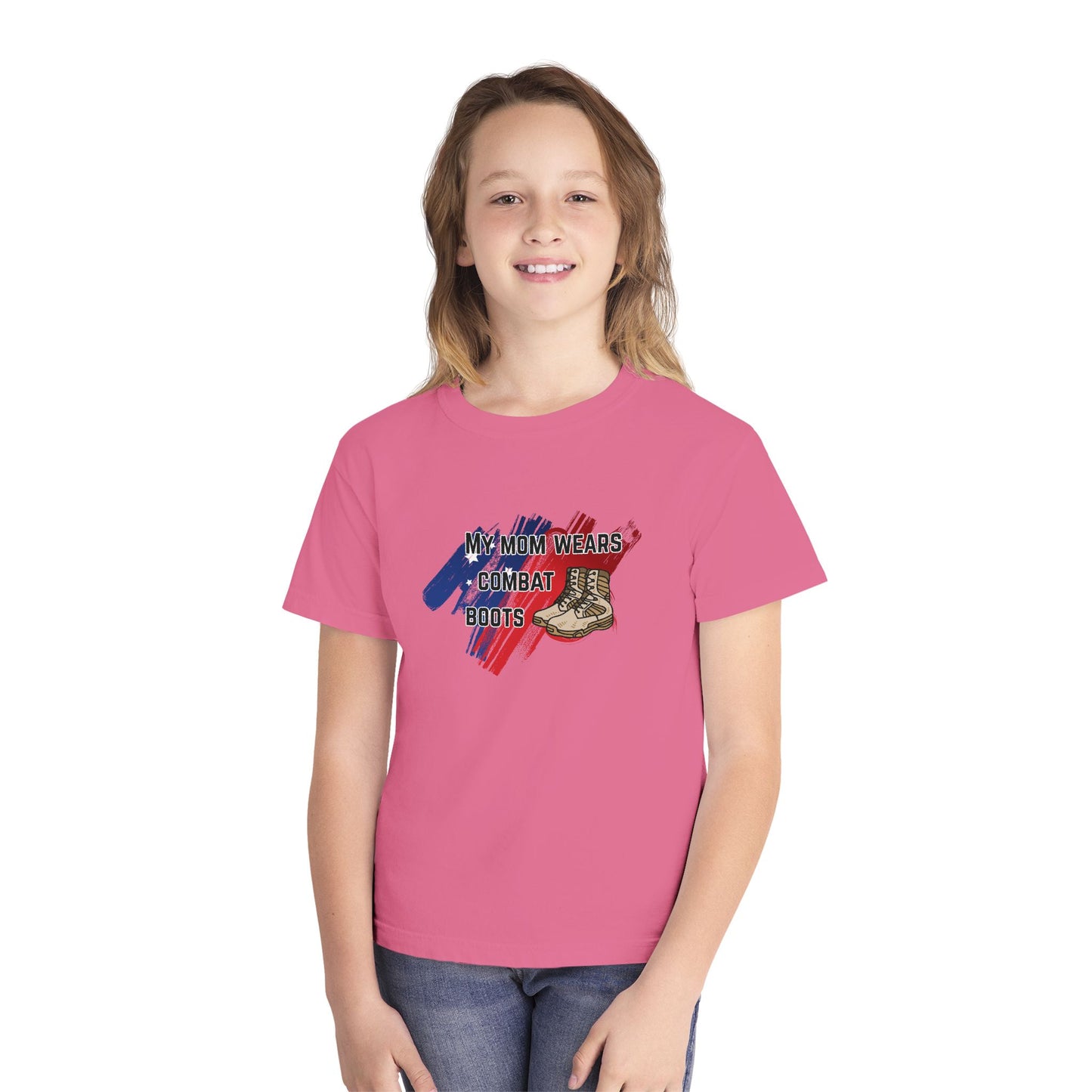 'My Mom Wears Combat Boots' Youth Tee, Military Pride Shirt, Patriotic Youth T-Shirt, Gifting for Veterans Day, USA Flag Apparel