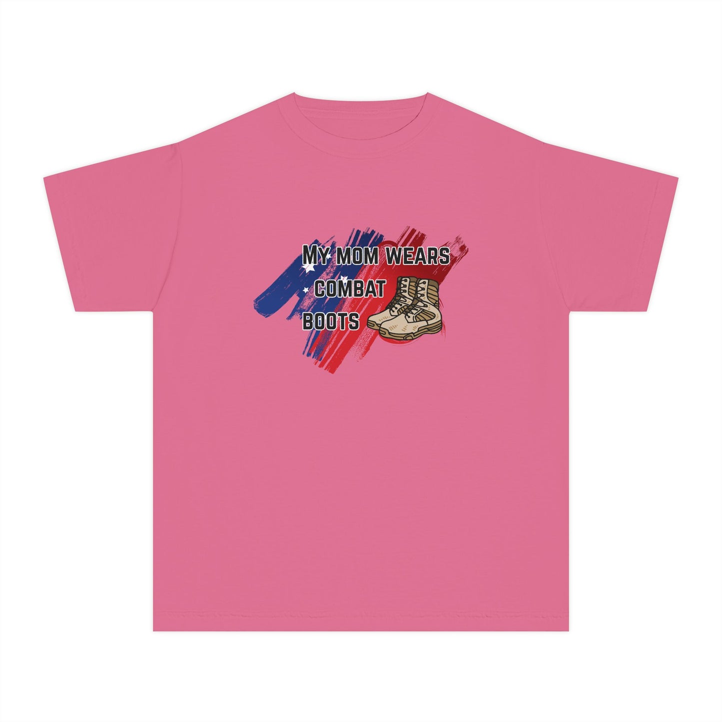 'My Mom Wears Combat Boots' Youth Tee, Military Pride Shirt, Patriotic Youth T-Shirt, Gifting for Veterans Day, USA Flag Apparel