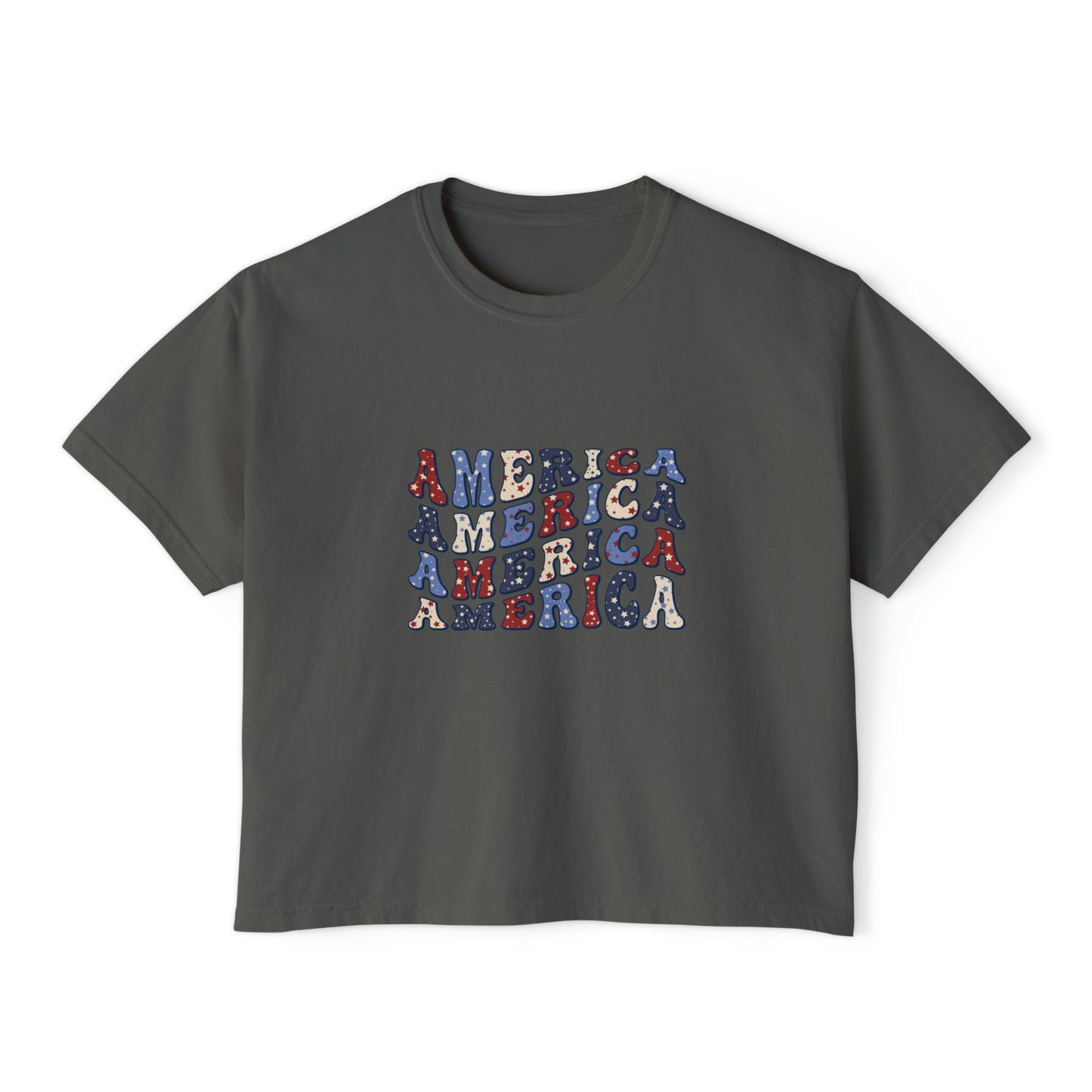'America' Patriotic Women's Boxy Tee, America Graphic Shirt, Casual T-Shirt, 4th of July Top, Summer Outfit