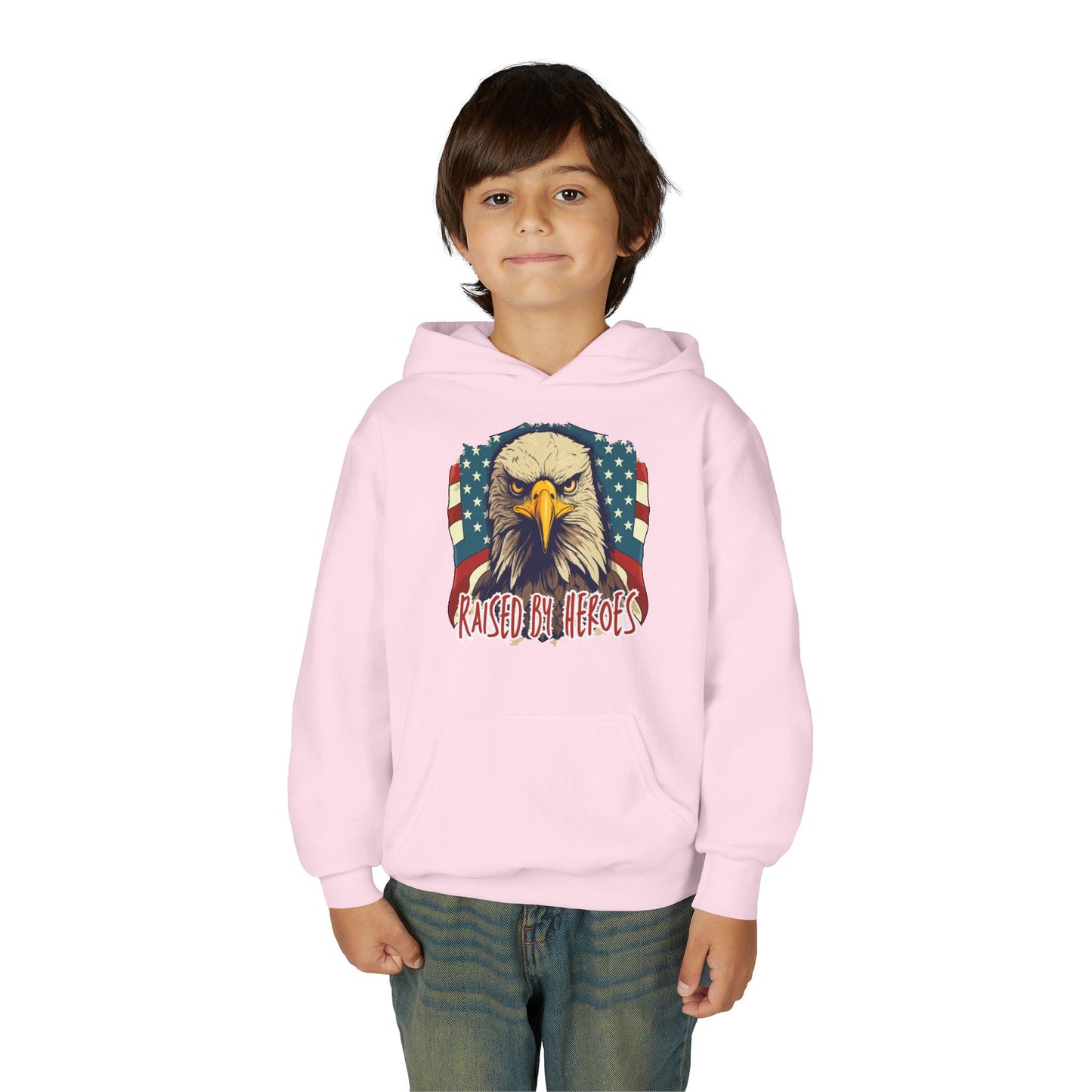 ‘Raised by Heroes’ Patriotic Youth Heavy Blend Hoodie, American Spirit Apparel