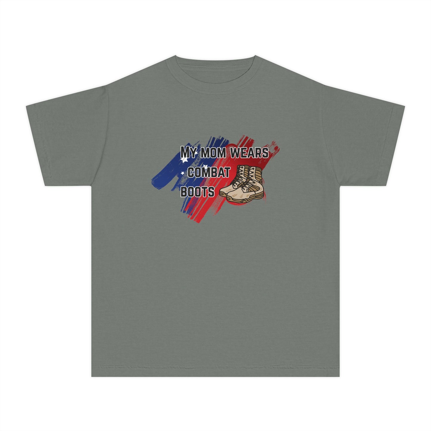 'My Mom Wears Combat Boots' Youth Tee, Military Pride Shirt, Patriotic Youth T-Shirt, Gifting for Veterans Day, USA Flag Apparel