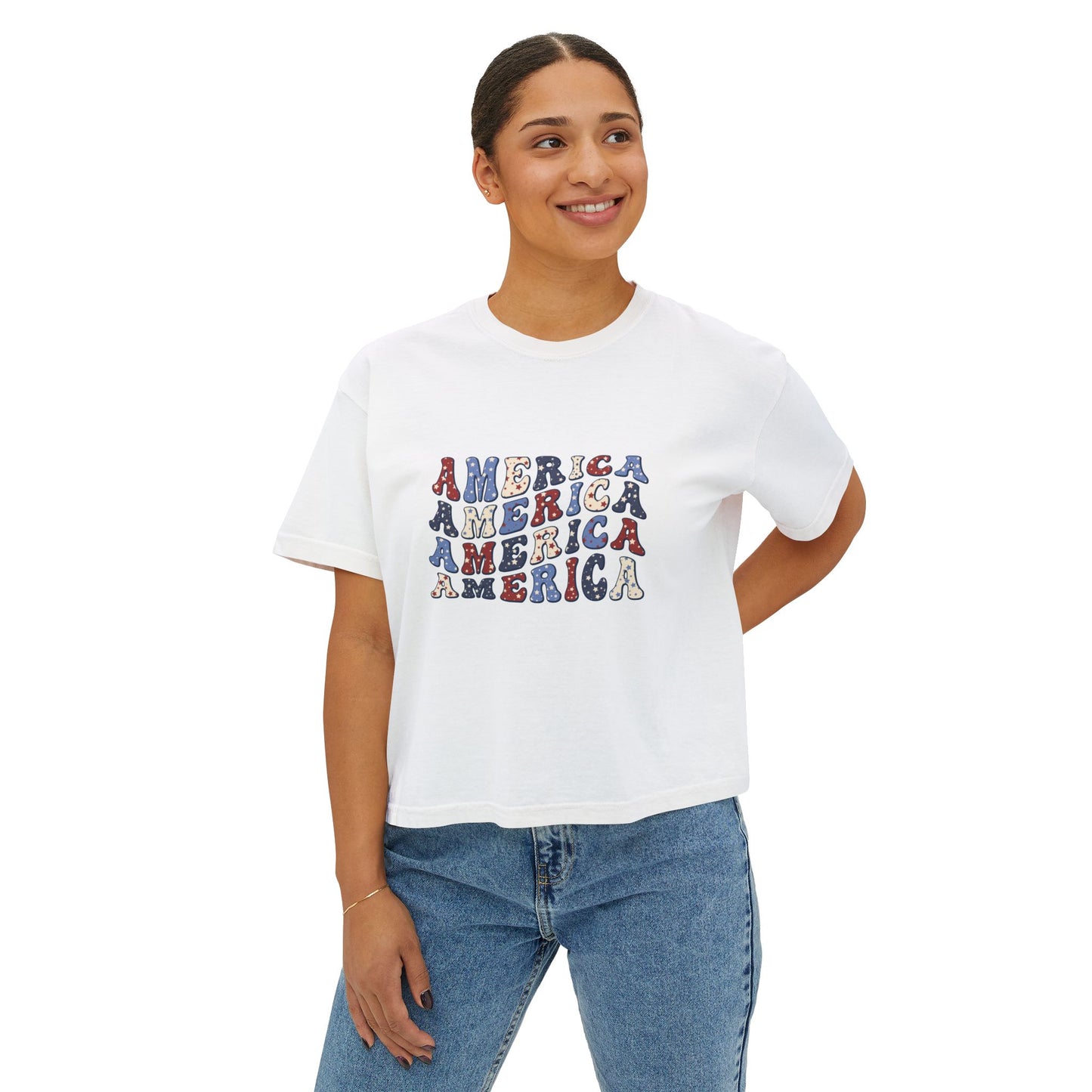'America' Patriotic Women's Boxy Tee, America Graphic Shirt, Casual T-Shirt, 4th of July Top, Summer Outfit
