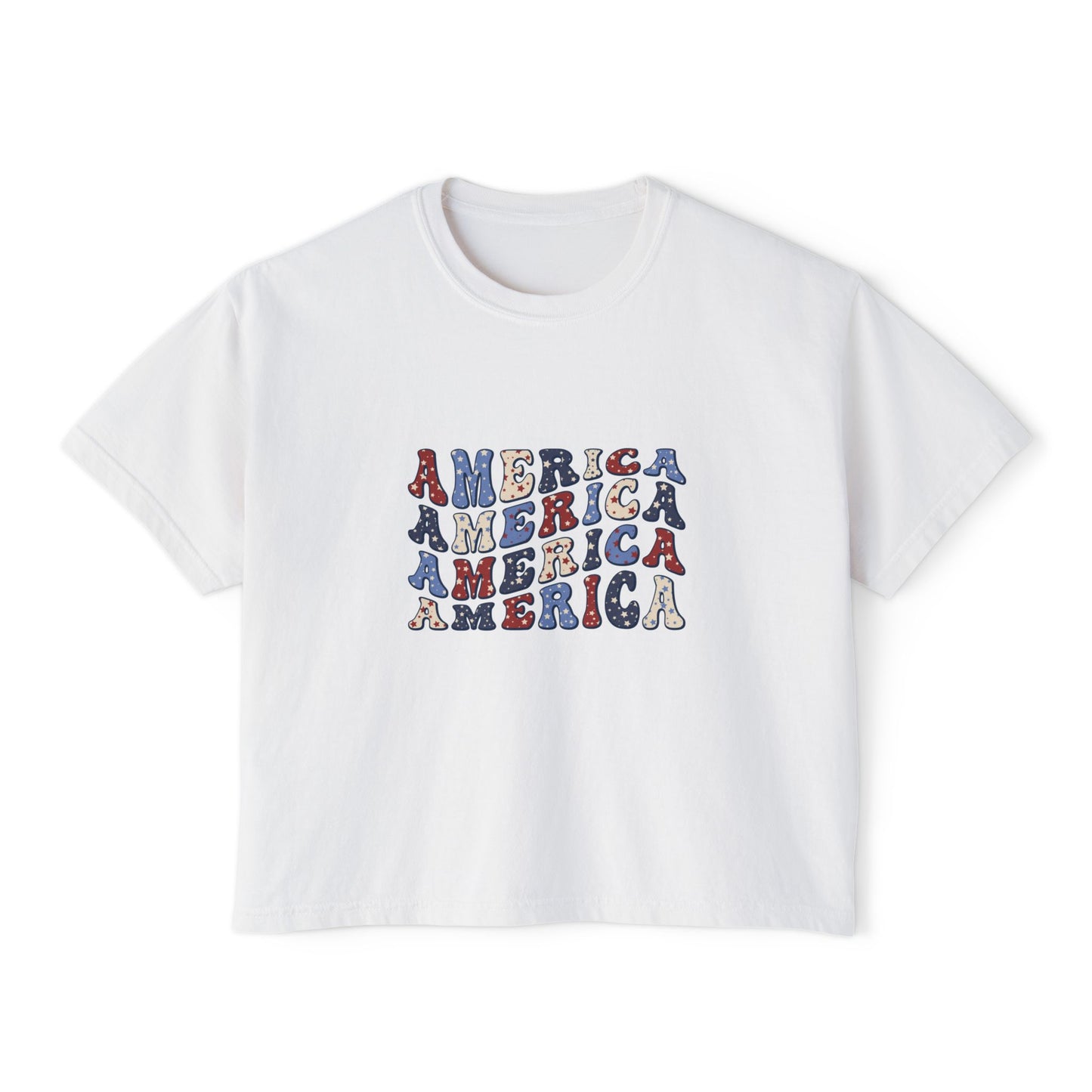 'America' Patriotic Women's Boxy Tee, America Graphic Shirt, Casual T-Shirt, 4th of July Top, Summer Outfit
