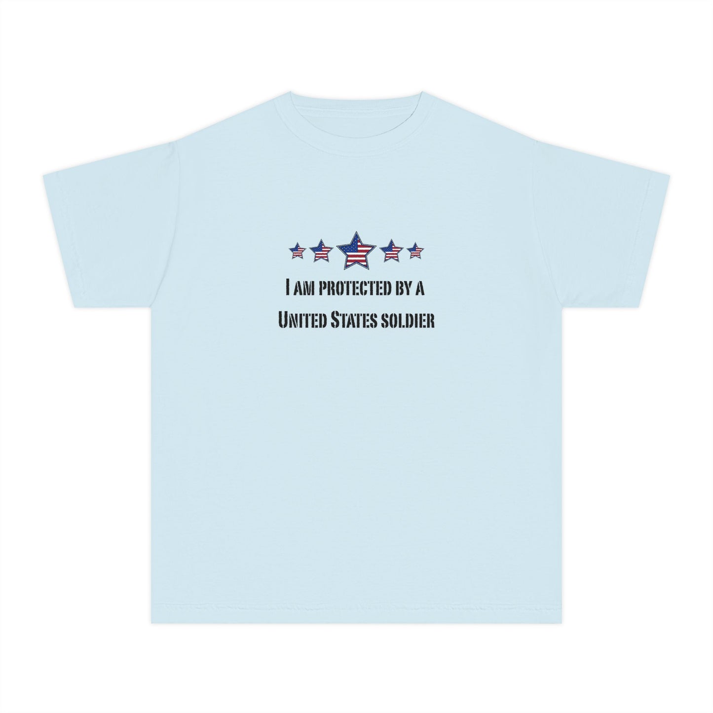 I am protected by a U.S. Soldier Youth Military-Inspired Tee: Proud Supporter Shirt, Patriotic Gift for Kids, Memorial Day, Veterans Day, Family Support Apparel