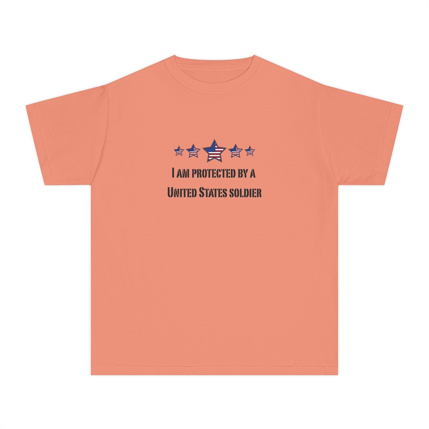 I am protected by a U.S. Soldier Youth Military-Inspired Tee: Proud Supporter Shirt, Patriotic Gift for Kids, Memorial Day, Veterans Day, Family Support Apparel
