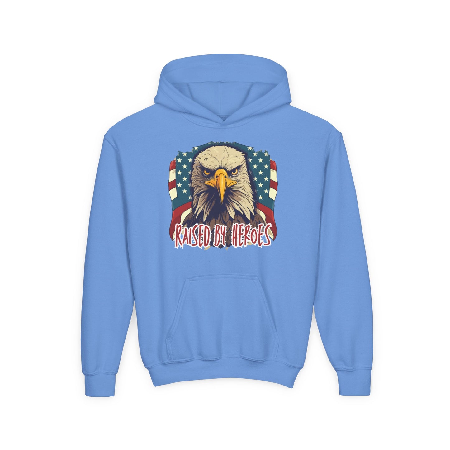 ‘Raised by Heroes’ Patriotic Youth Heavy Blend Hoodie, American Spirit Apparel