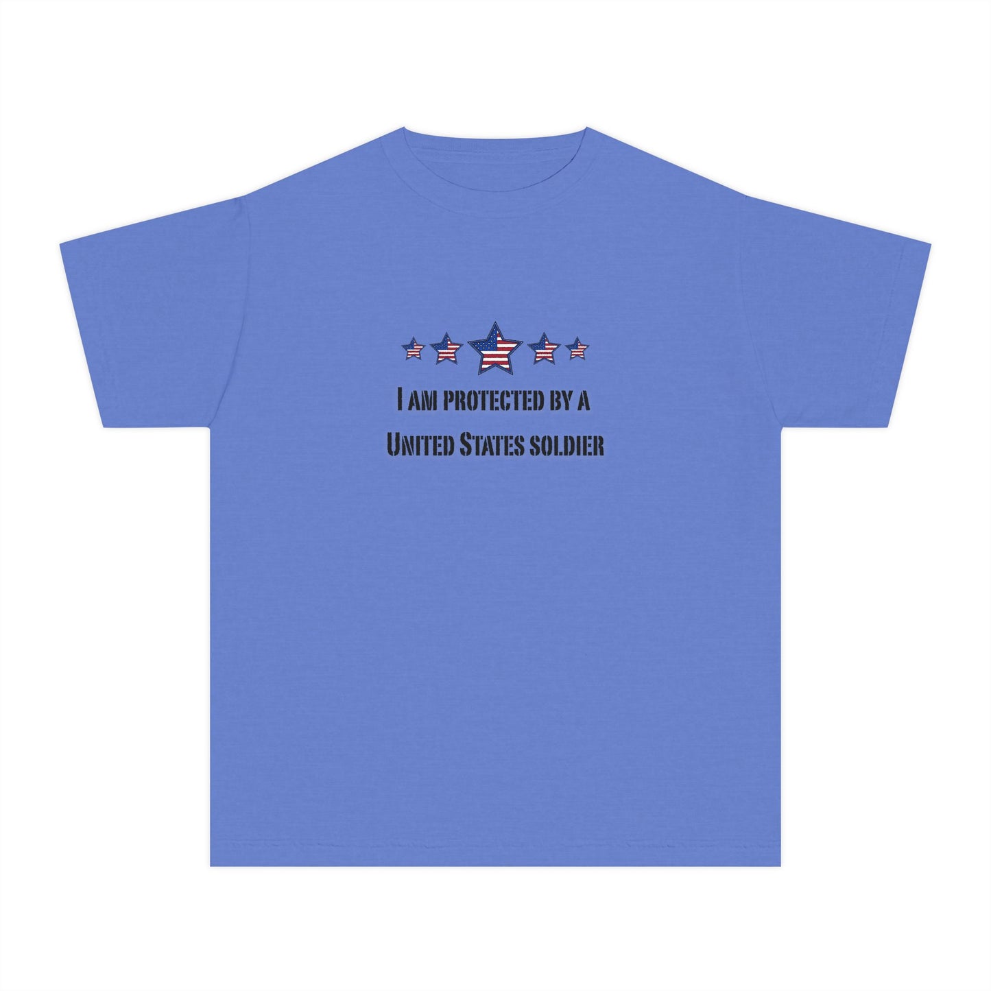 I am protected by a U.S. Soldier Youth Military-Inspired Tee: Proud Supporter Shirt, Patriotic Gift for Kids, Memorial Day, Veterans Day, Family Support Apparel
