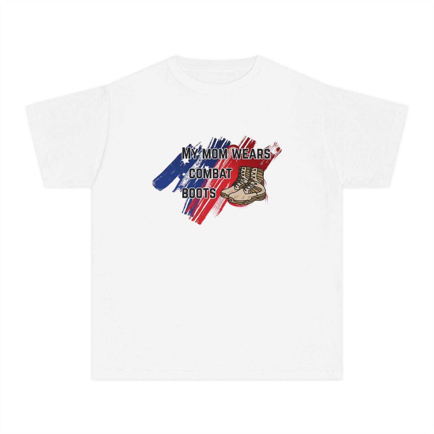 'My Mom Wears Combat Boots' Youth Tee, Military Pride Shirt, Patriotic Youth T-Shirt, Gifting for Veterans Day, USA Flag Apparel