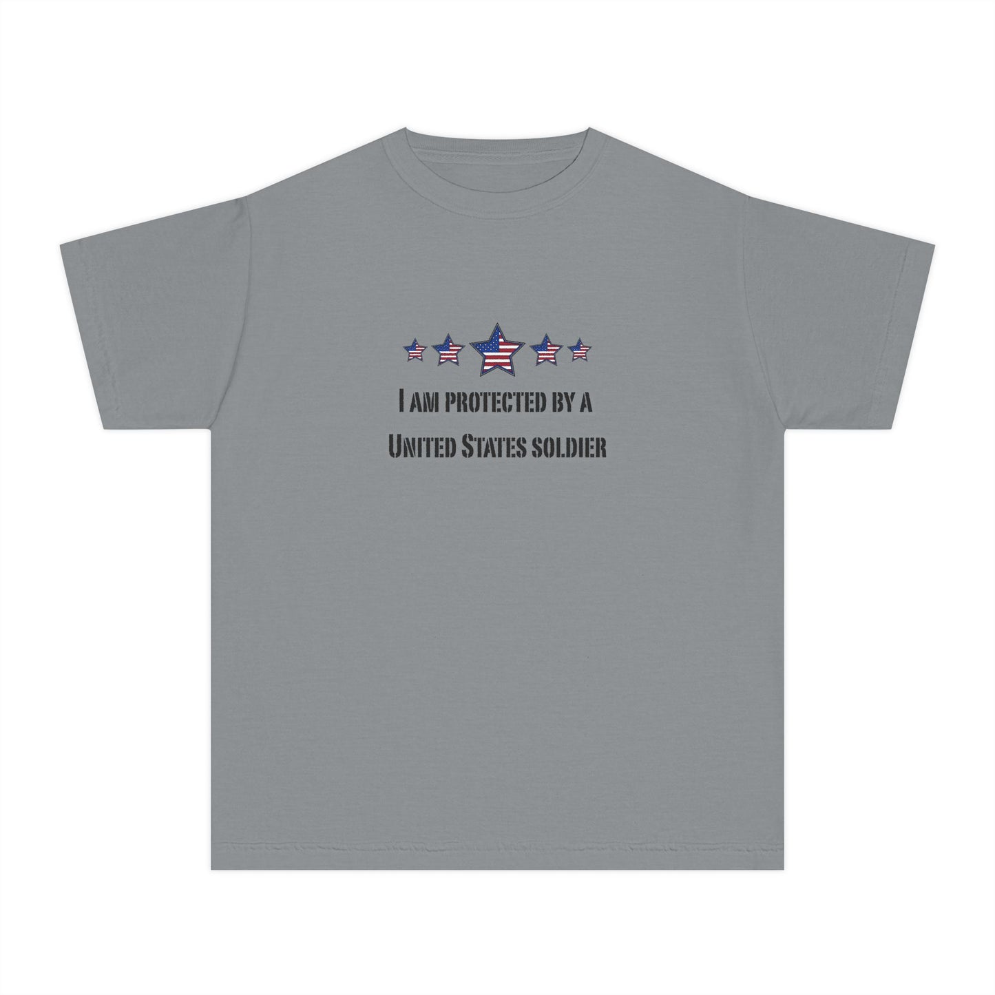 I am protected by a U.S. Soldier Youth Military-Inspired Tee: Proud Supporter Shirt, Patriotic Gift for Kids, Memorial Day, Veterans Day, Family Support Apparel
