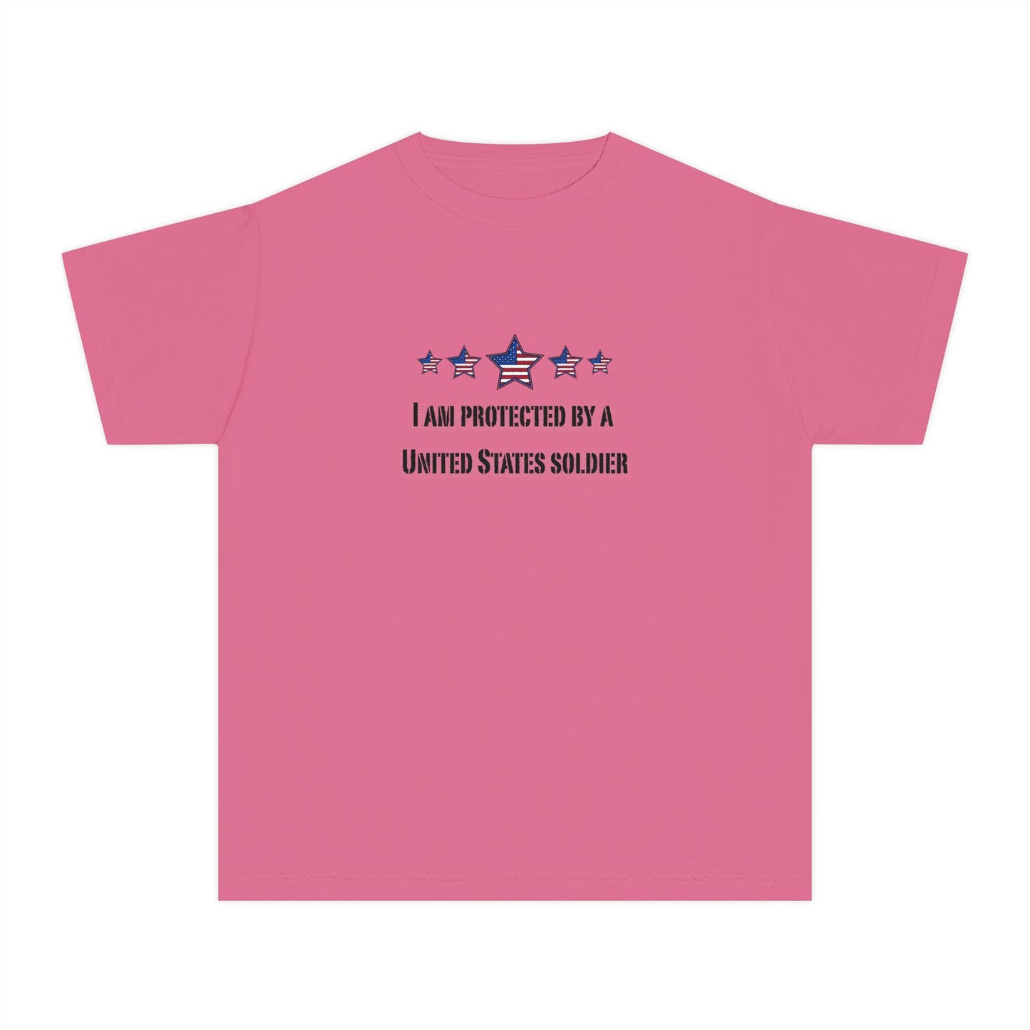 I am protected by a U.S. Soldier Youth Military-Inspired Tee: Proud Supporter Shirt, Patriotic Gift for Kids, Memorial Day, Veterans Day, Family Support Apparel