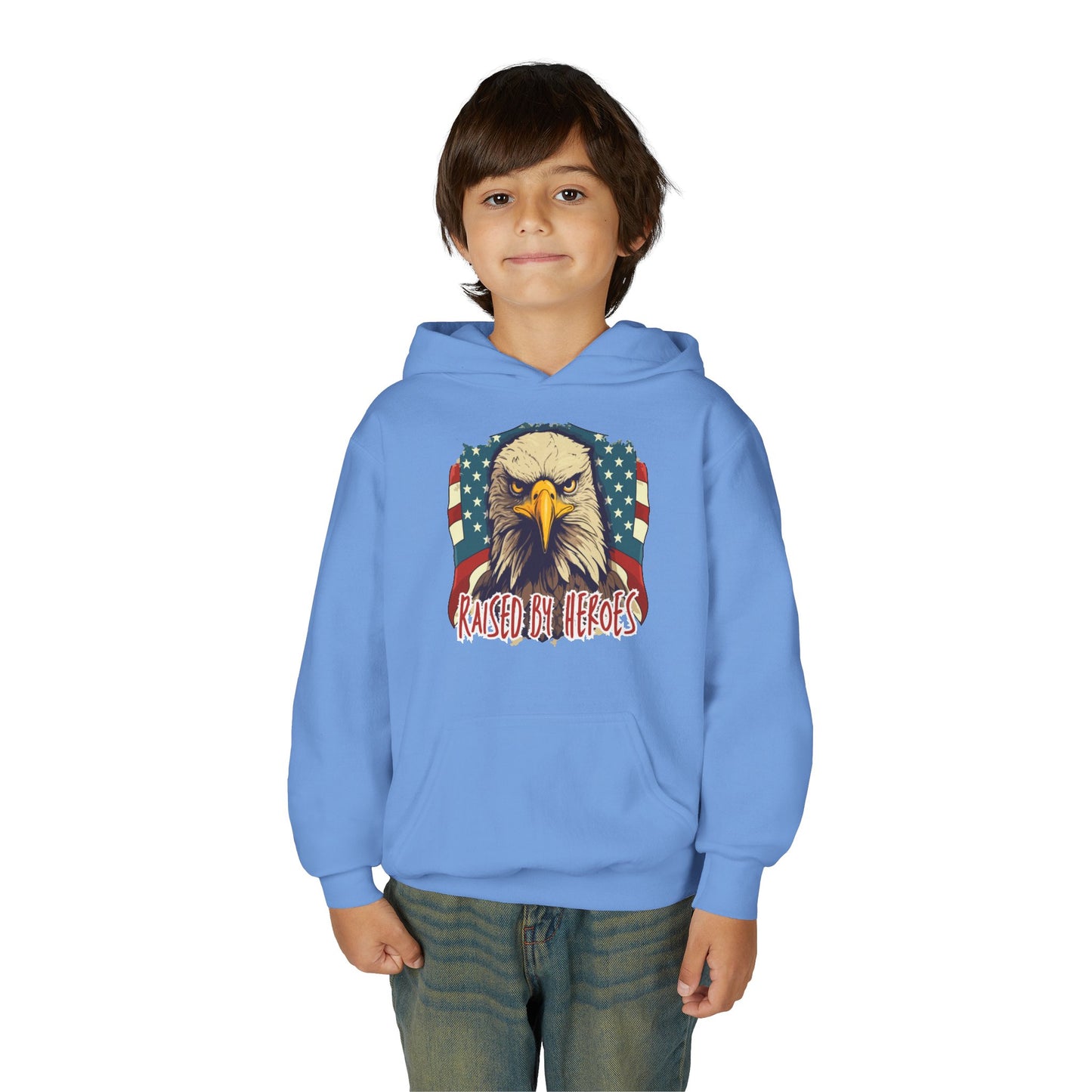 ‘Raised by Heroes’ Patriotic Youth Heavy Blend Hoodie, American Spirit Apparel