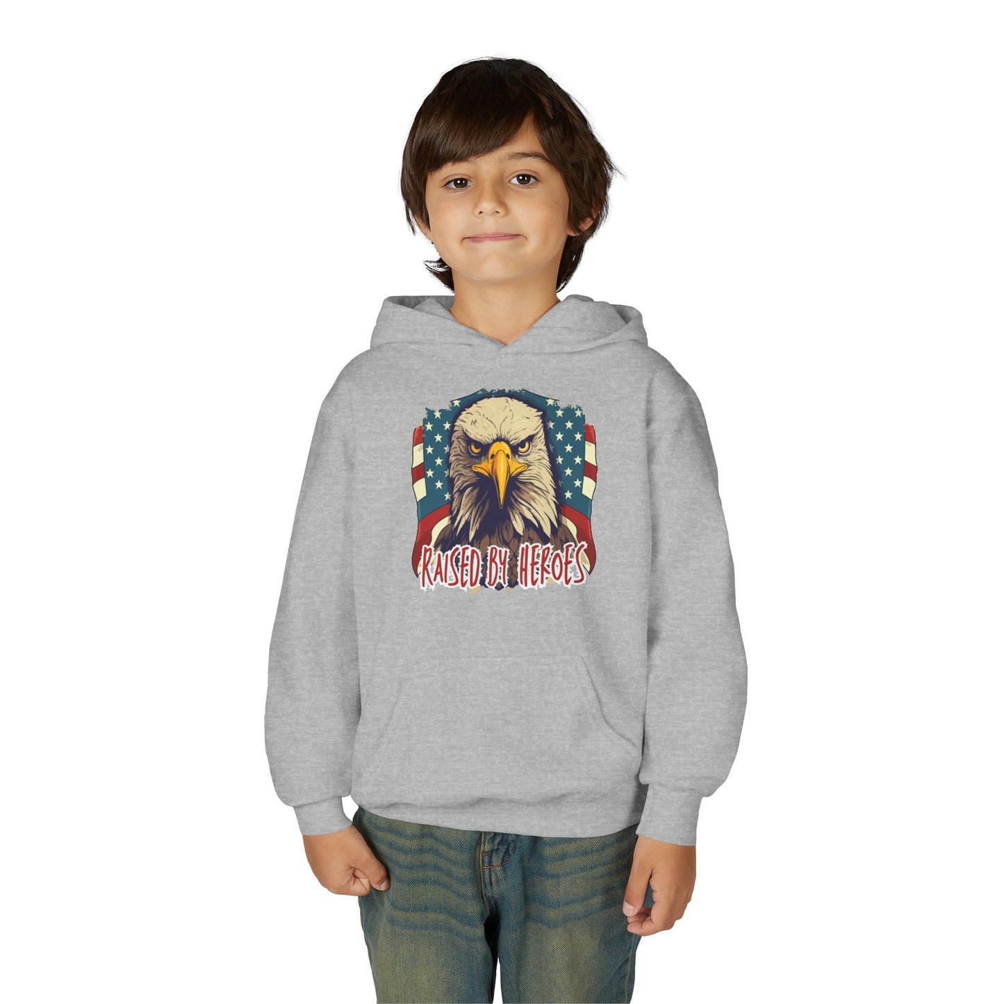 ‘Raised by Heroes’ Patriotic Youth Heavy Blend Hoodie, American Spirit Apparel