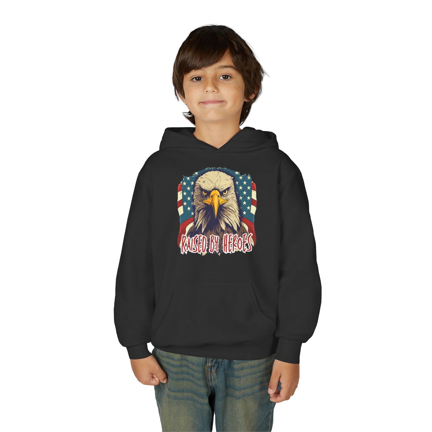 ‘Raised by Heroes’ Patriotic Youth Heavy Blend Hoodie, American Spirit Apparel