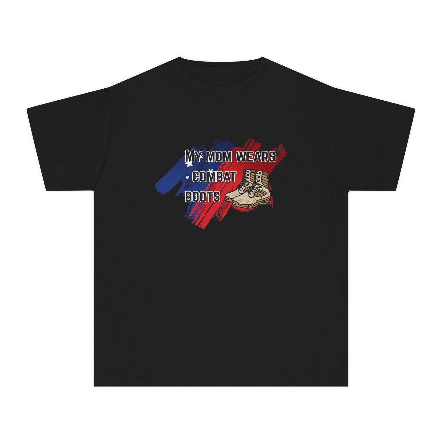 'My Mom Wears Combat Boots' Youth Tee, Military Pride Shirt, Patriotic Youth T-Shirt, Gifting for Veterans Day, USA Flag Apparel