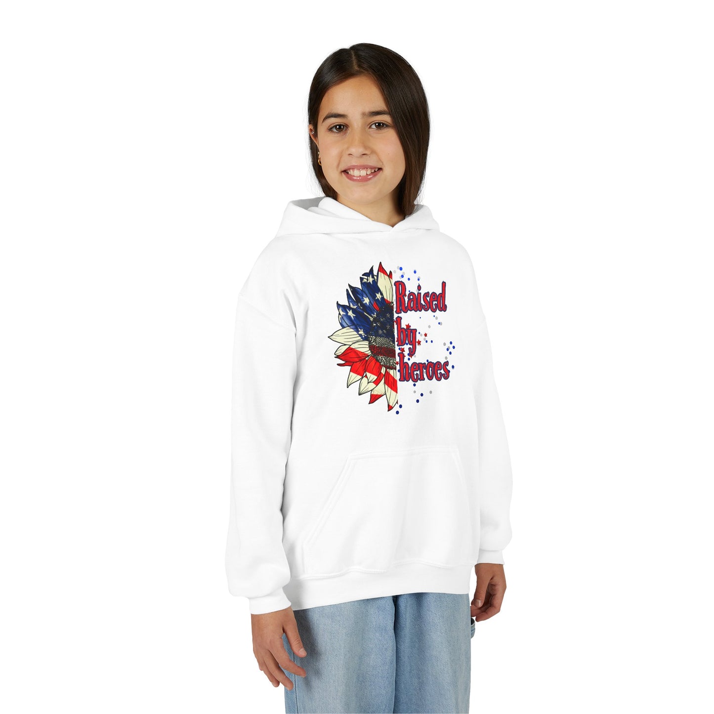 'Raised by Heroes' Pullover,' Patriotic Youth Hoodie, Rustic American Flag Sweatshirt, Independence Day Gift, Comfortable Kids Apparel