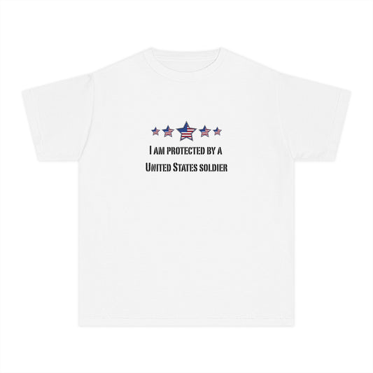 I am protected by a U.S. Soldier Youth Military-Inspired Tee: Proud Supporter Shirt, Patriotic Gift for Kids, Memorial Day, Veterans Day, Family Support Apparel