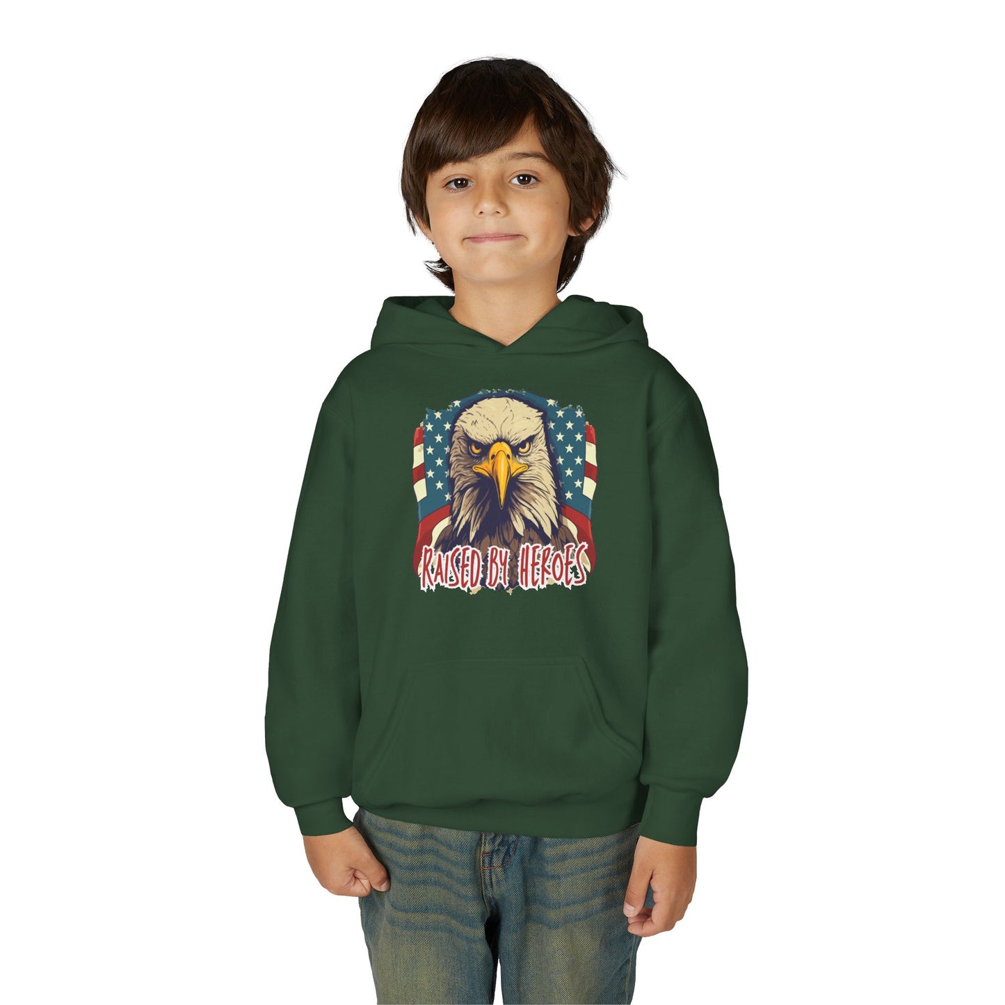 ‘Raised by Heroes’ Patriotic Youth Heavy Blend Hoodie, American Spirit Apparel