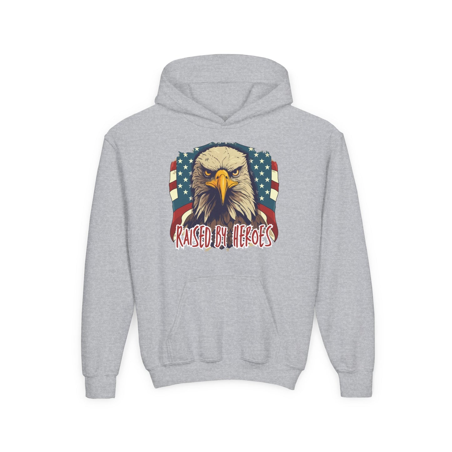 ‘Raised by Heroes’ Patriotic Youth Heavy Blend Hoodie, American Spirit Apparel