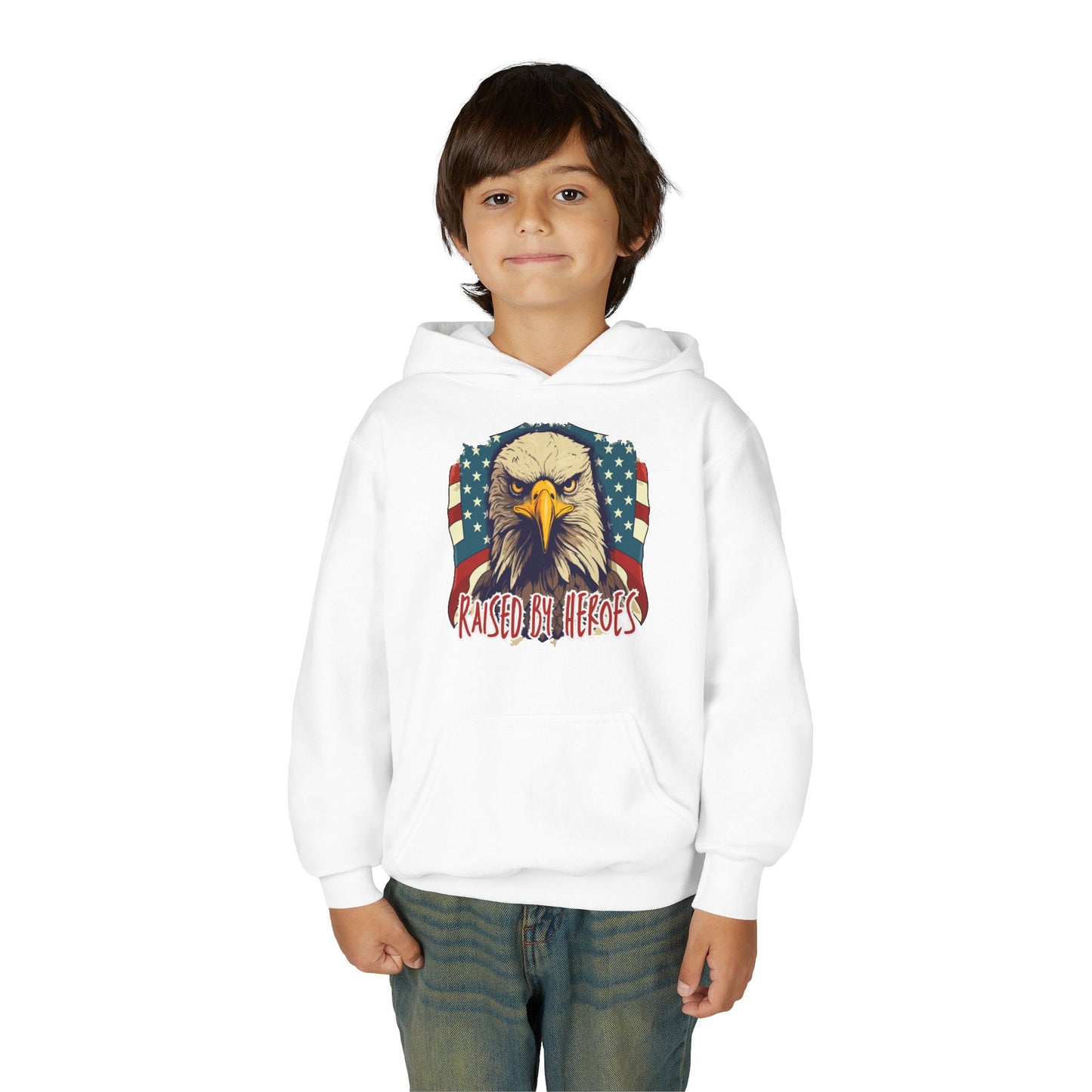 ‘Raised by Heroes’ Patriotic Youth Heavy Blend Hoodie, American Spirit Apparel
