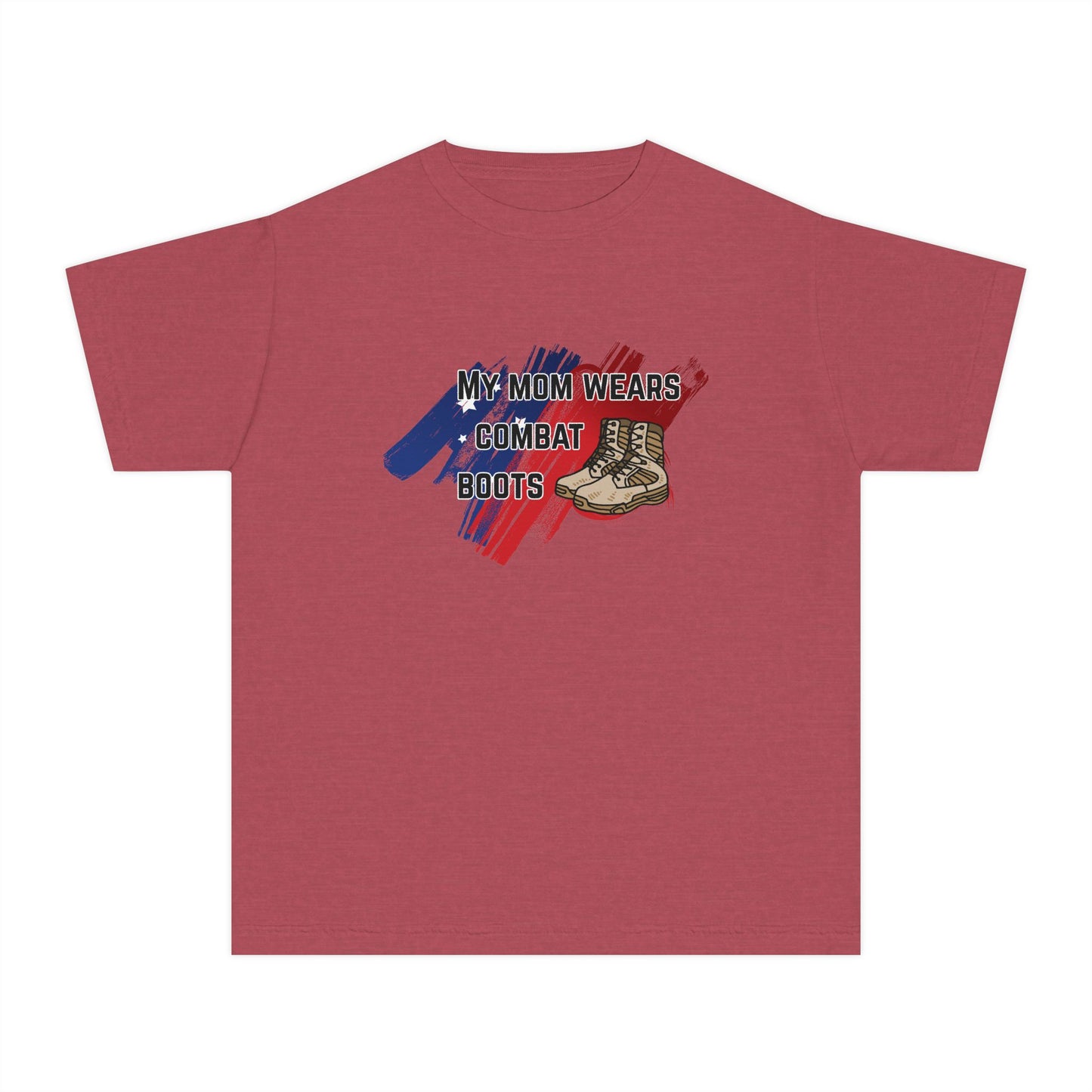 'My Mom Wears Combat Boots' Youth Tee, Military Pride Shirt, Patriotic Youth T-Shirt, Gifting for Veterans Day, USA Flag Apparel