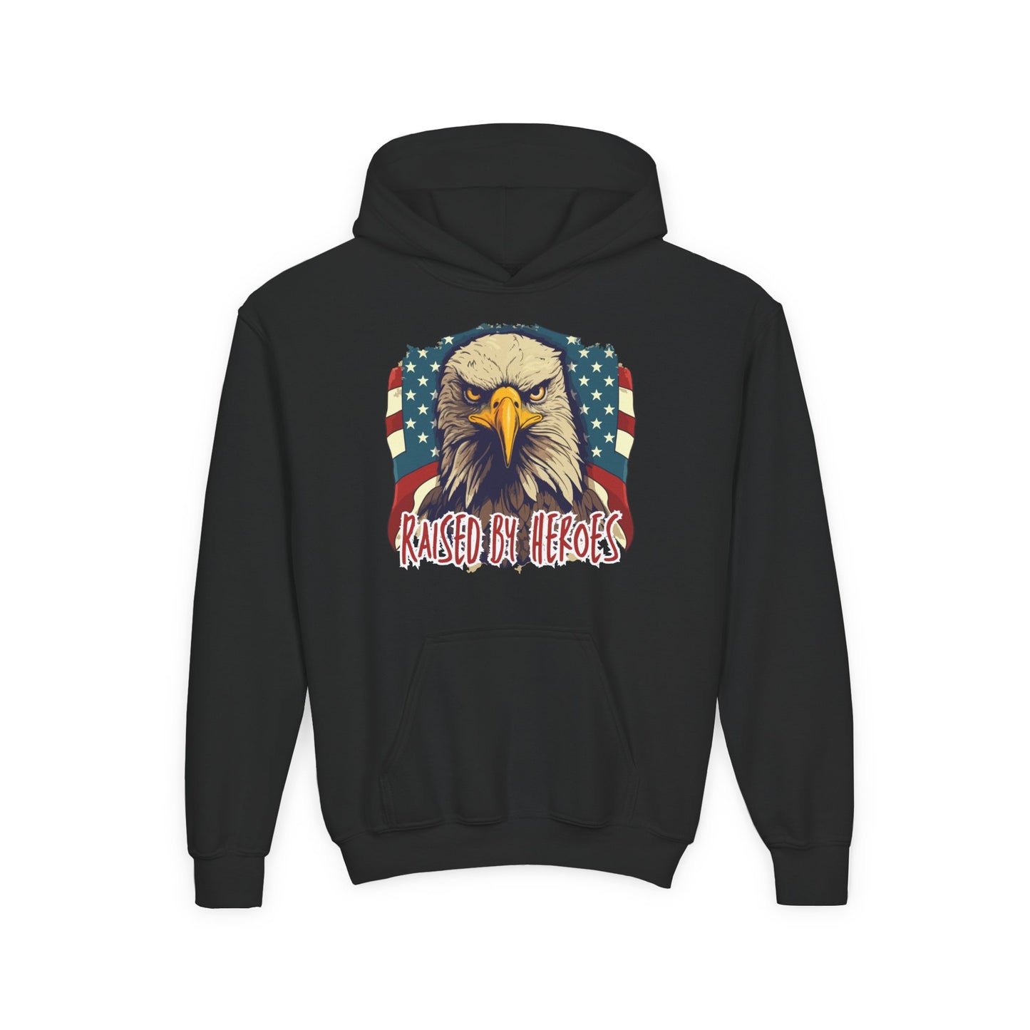 ‘Raised by Heroes’ Patriotic Youth Heavy Blend Hoodie, American Spirit Apparel
