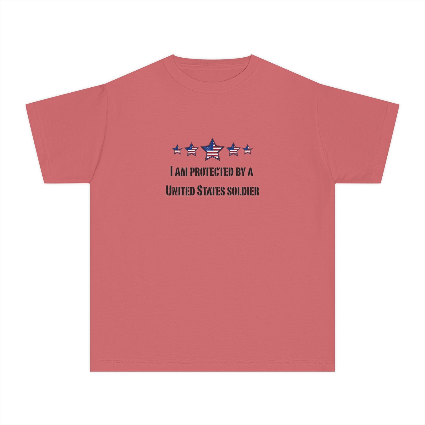 I am protected by a U.S. Soldier Youth Military-Inspired Tee: Proud Supporter Shirt, Patriotic Gift for Kids, Memorial Day, Veterans Day, Family Support Apparel