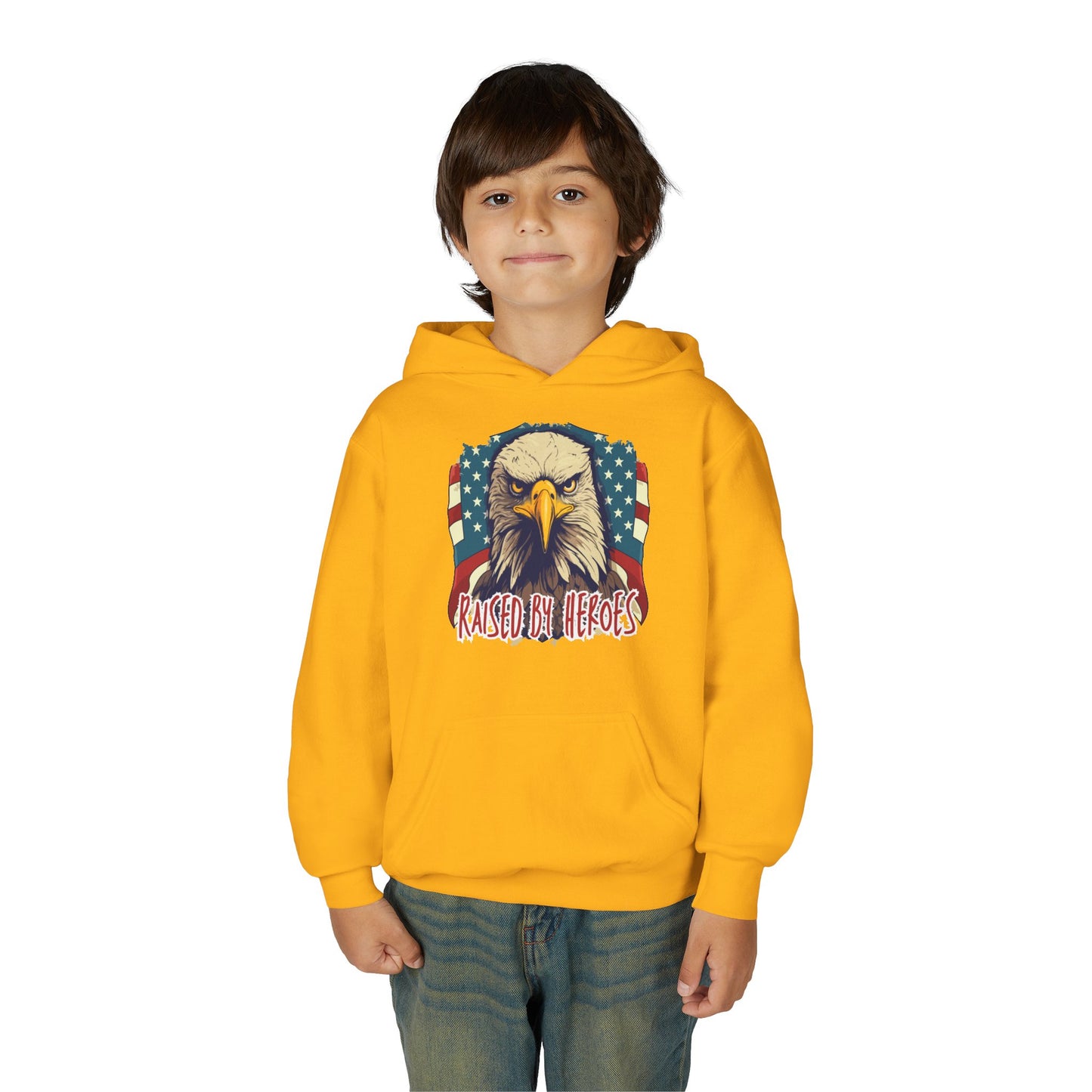 ‘Raised by Heroes’ Patriotic Youth Heavy Blend Hoodie, American Spirit Apparel