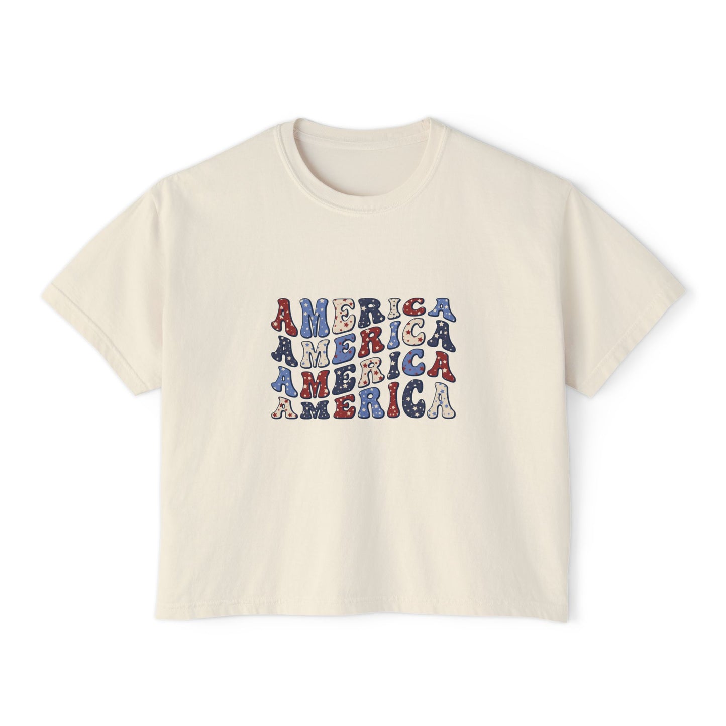 'America' Patriotic Women's Boxy Tee, America Graphic Shirt, Casual T-Shirt, 4th of July Top, Summer Outfit