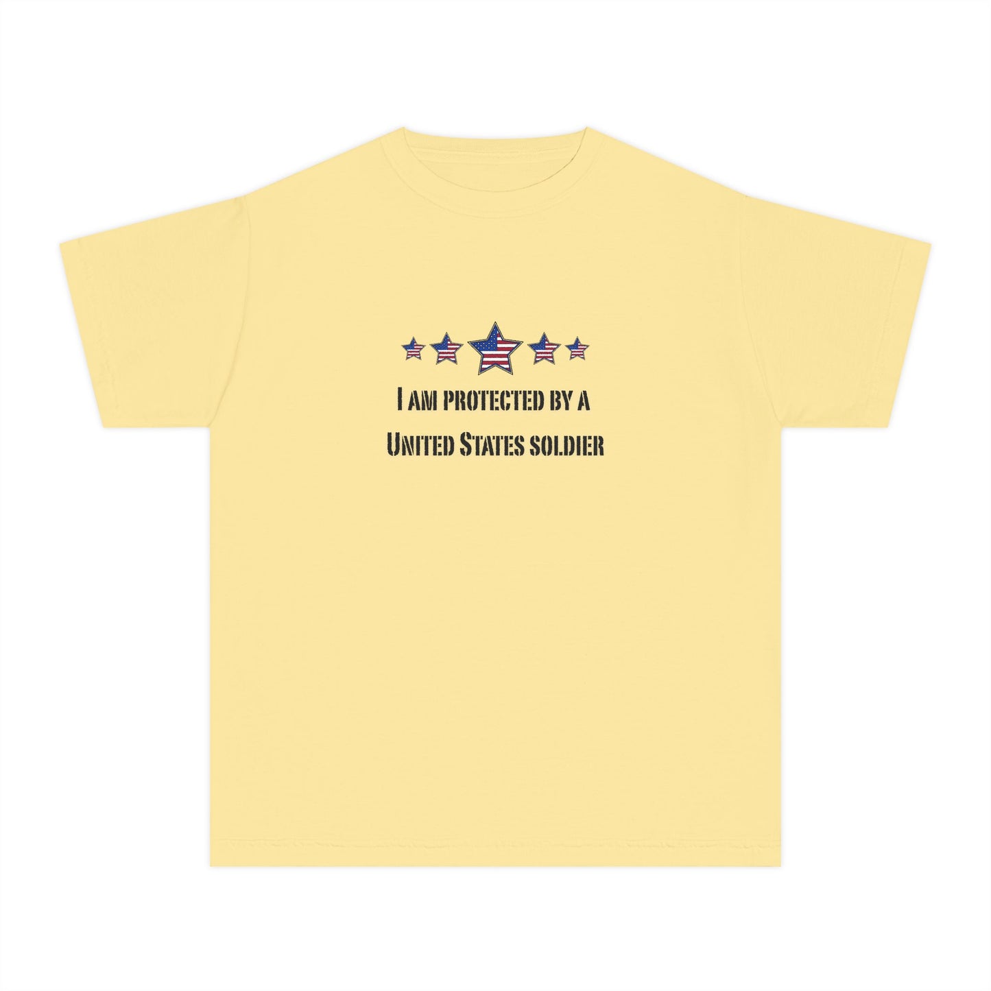 I am protected by a U.S. Soldier Youth Military-Inspired Tee: Proud Supporter Shirt, Patriotic Gift for Kids, Memorial Day, Veterans Day, Family Support Apparel