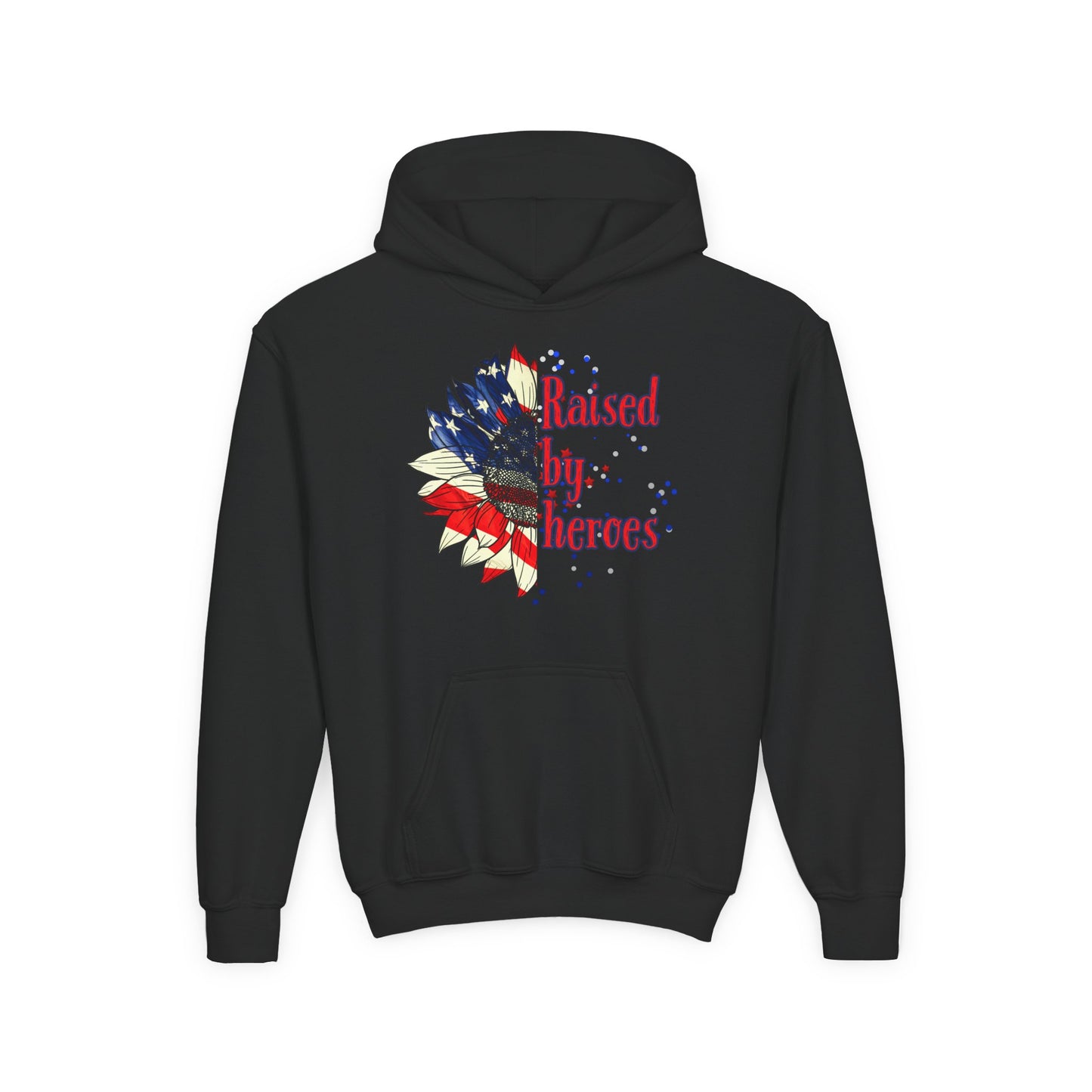 'Raised by Heroes' Pullover,' Patriotic Youth Hoodie, Rustic American Flag Sweatshirt, Independence Day Gift, Comfortable Kids Apparel