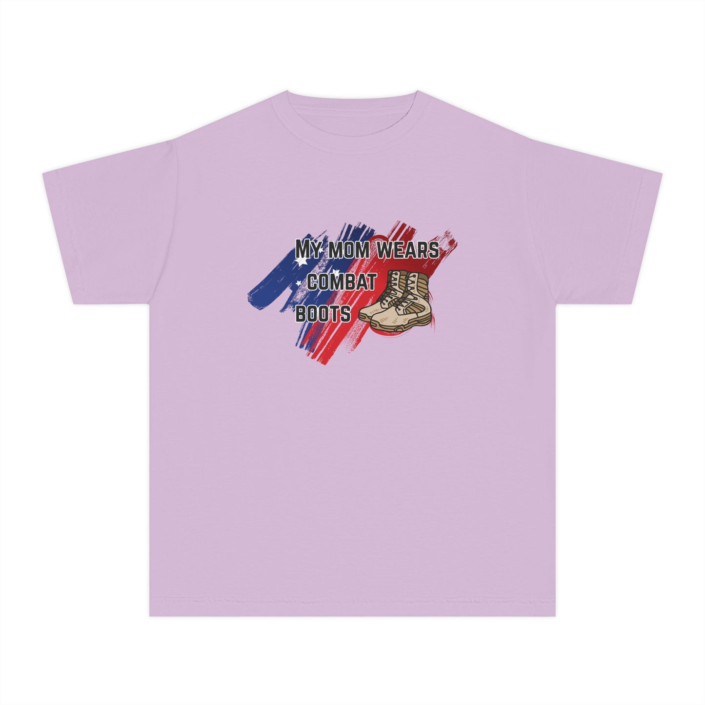 'My Mom Wears Combat Boots' Youth Tee, Military Pride Shirt, Patriotic Youth T-Shirt, Gifting for Veterans Day, USA Flag Apparel