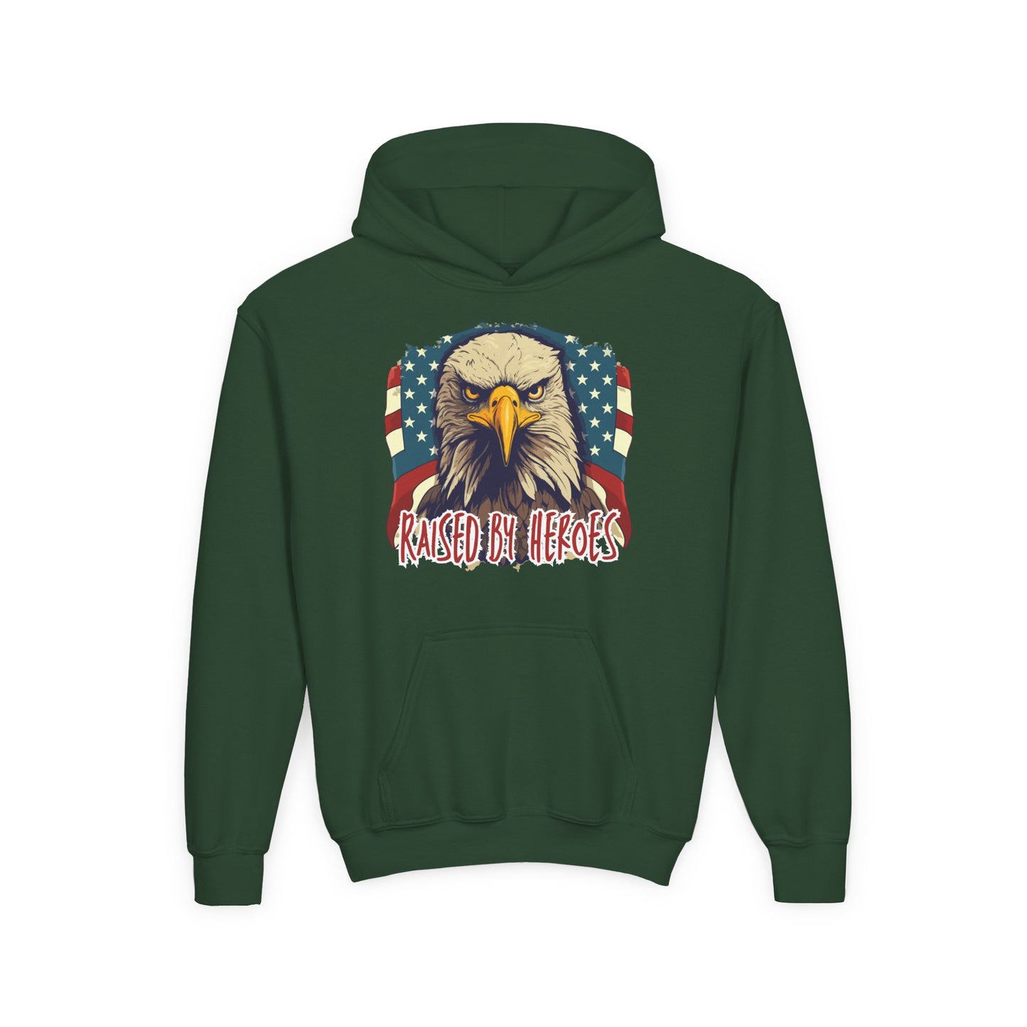 ‘Raised by Heroes’ Patriotic Youth Heavy Blend Hoodie, American Spirit Apparel