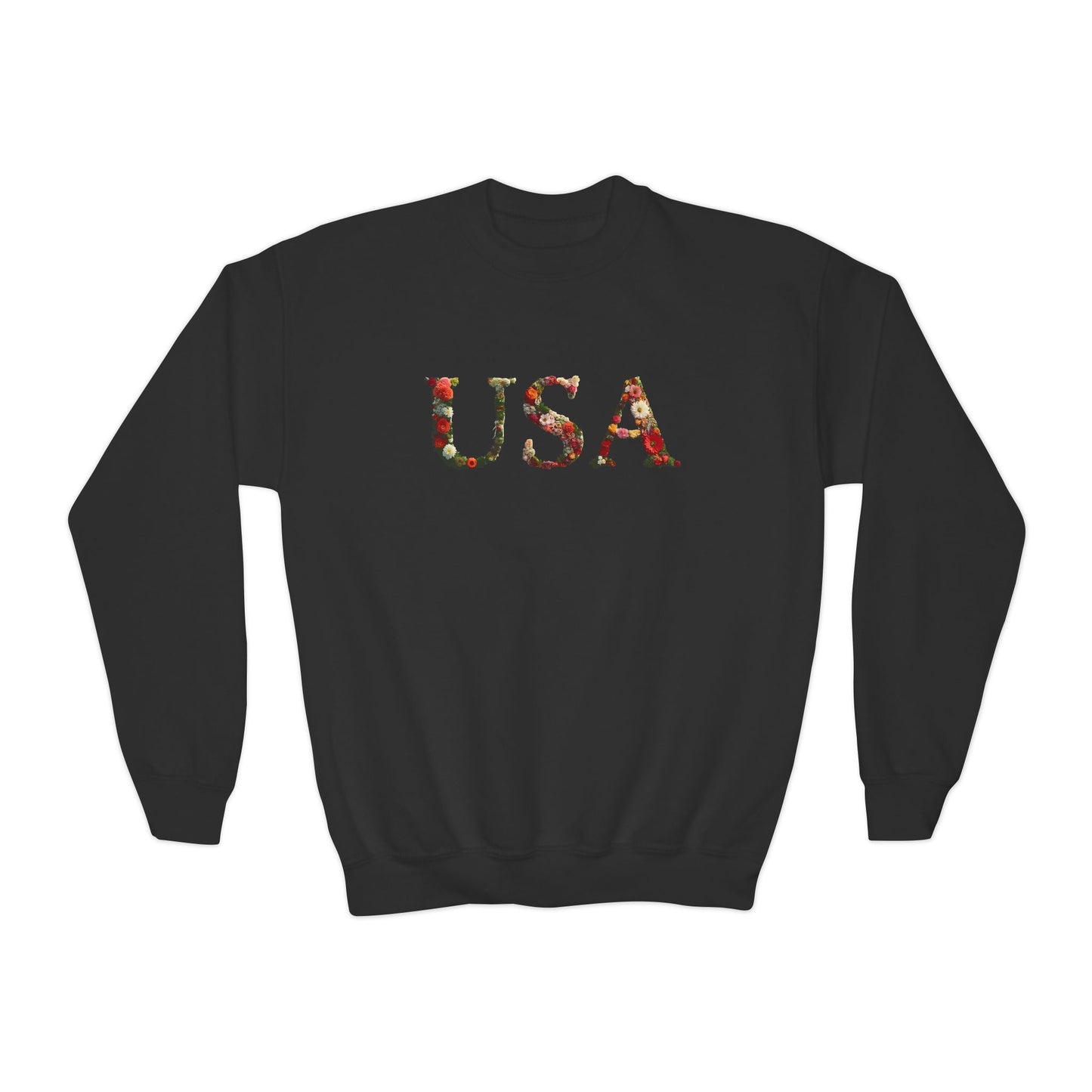 "USA" Floral Youth Crewneck Sweatshirt | Perfect for Independence Day, Casual Outings, Gifts, Stylish Comfort, Spring Fashion