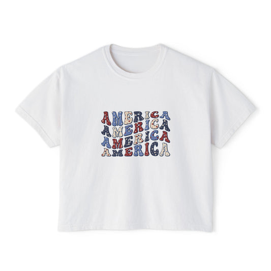 'America' Patriotic Women's Boxy Tee, America Graphic Shirt, Casual T-Shirt, 4th of July Top, Summer Outfit