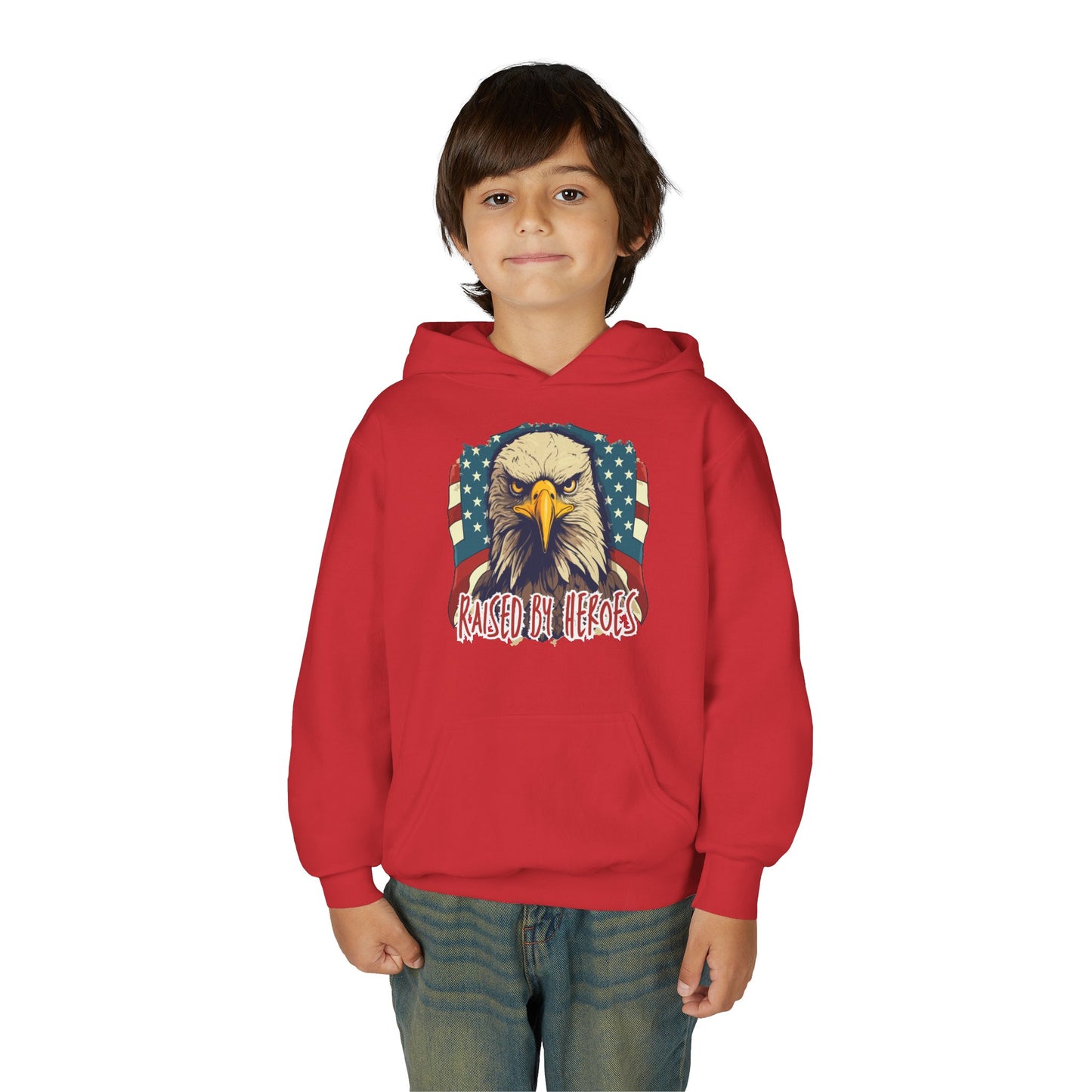 ‘Raised by Heroes’ Patriotic Youth Heavy Blend Hoodie, American Spirit Apparel