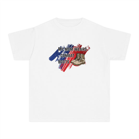 'My Mom Wears Combat Boots' Youth Tee, Military Pride Shirt, Patriotic Youth T-Shirt, Gifting for Veterans Day, USA Flag Apparel