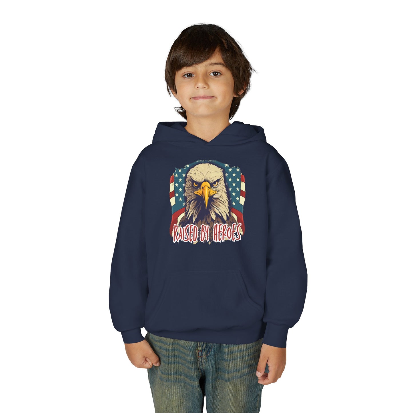 ‘Raised by Heroes’ Patriotic Youth Heavy Blend Hoodie, American Spirit Apparel