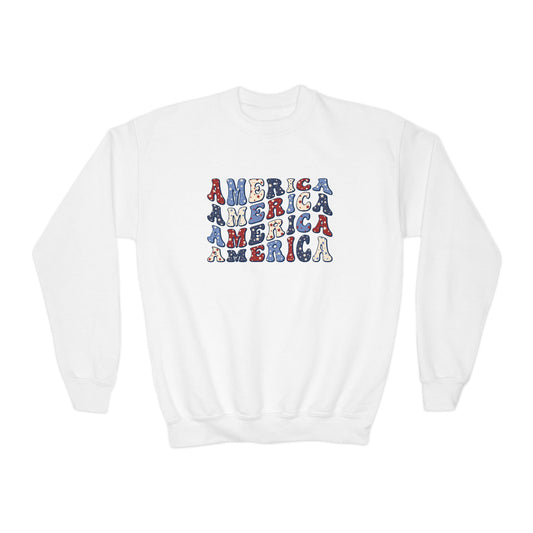 'America' USA Pride Youth Crewneck Sweatshirt, Cozy Kids Apparel, Patriotic Sweatshirt, America Theme Gift, Independence Day Clothes
