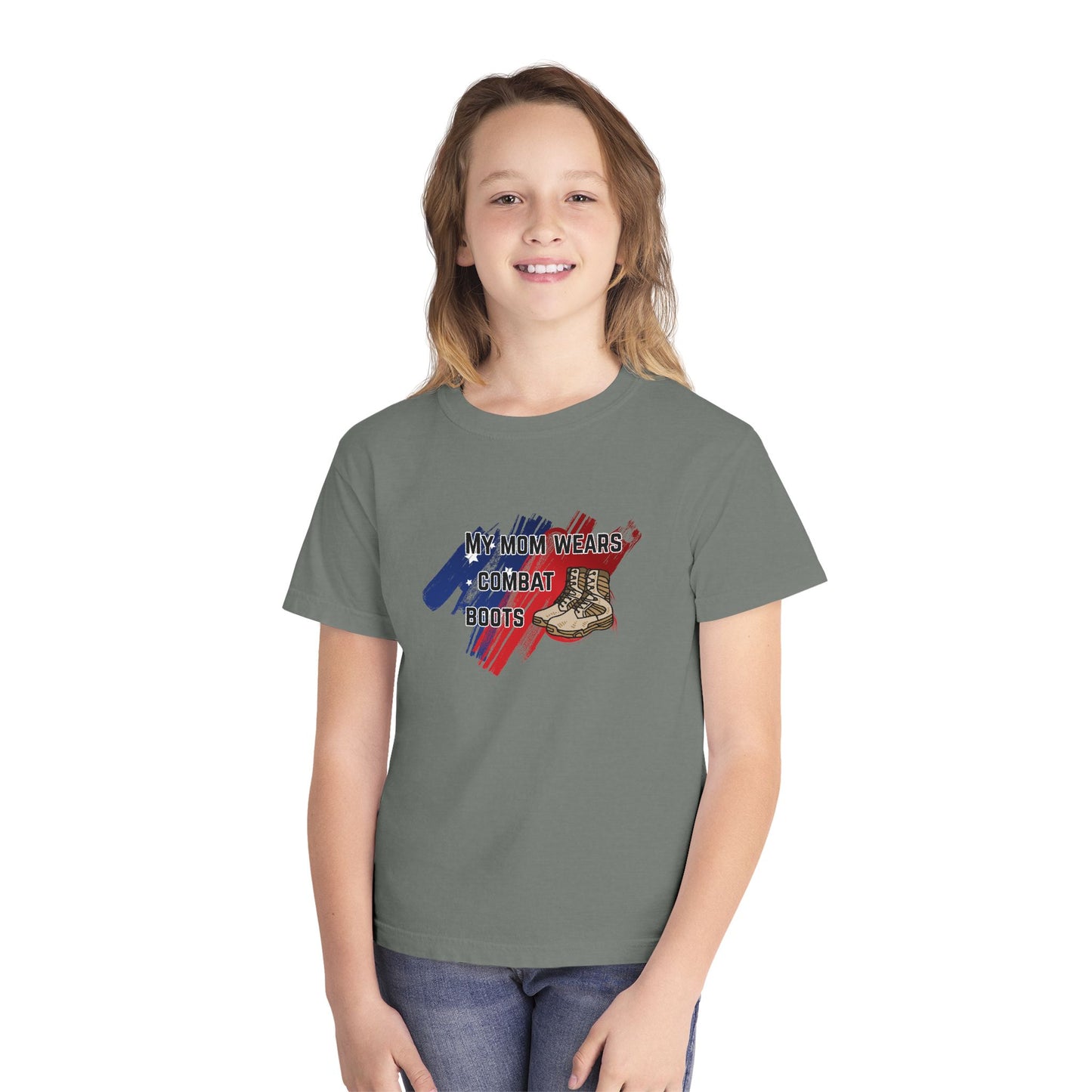 'My Mom Wears Combat Boots' Youth Tee, Military Pride Shirt, Patriotic Youth T-Shirt, Gifting for Veterans Day, USA Flag Apparel