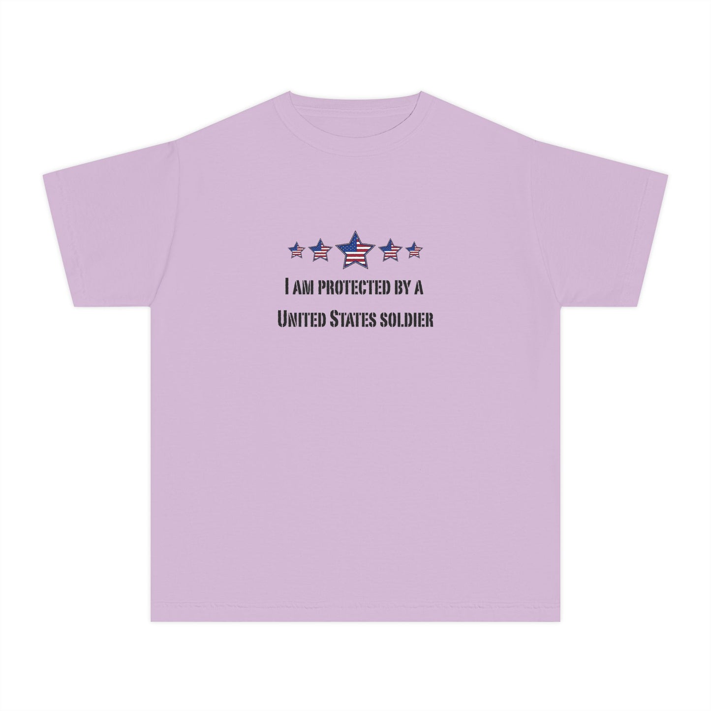 I am protected by a U.S. Soldier Youth Military-Inspired Tee: Proud Supporter Shirt, Patriotic Gift for Kids, Memorial Day, Veterans Day, Family Support Apparel