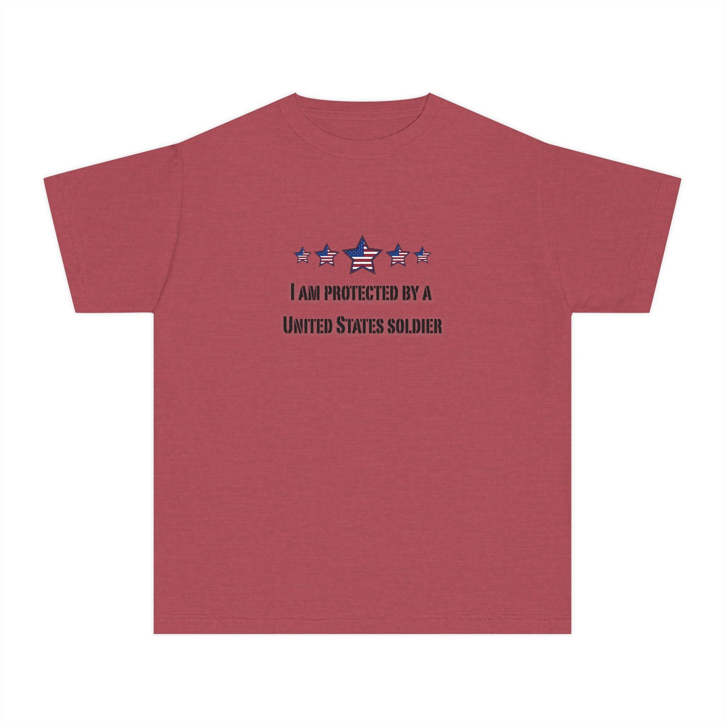 I am protected by a U.S. Soldier Youth Military-Inspired Tee: Proud Supporter Shirt, Patriotic Gift for Kids, Memorial Day, Veterans Day, Family Support Apparel