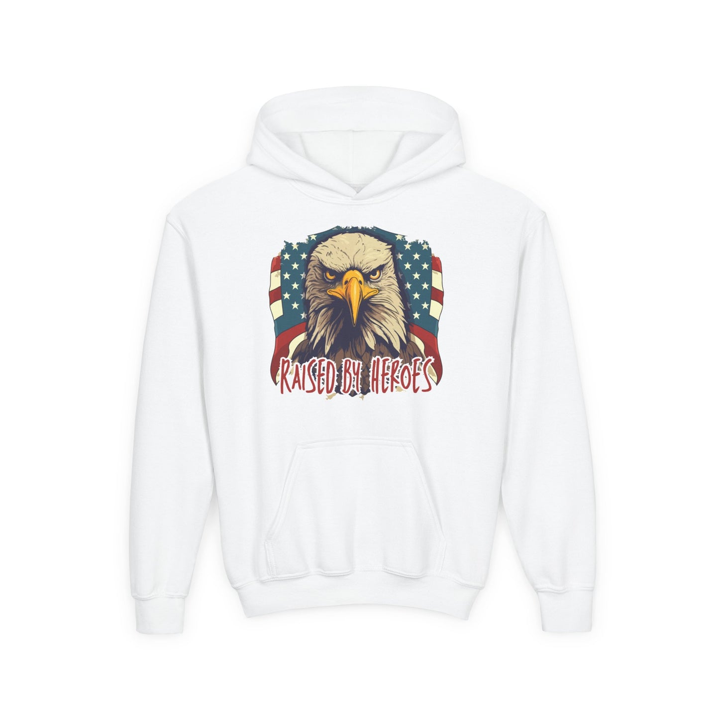 ‘Raised by Heroes’ Patriotic Youth Heavy Blend Hoodie, American Spirit Apparel