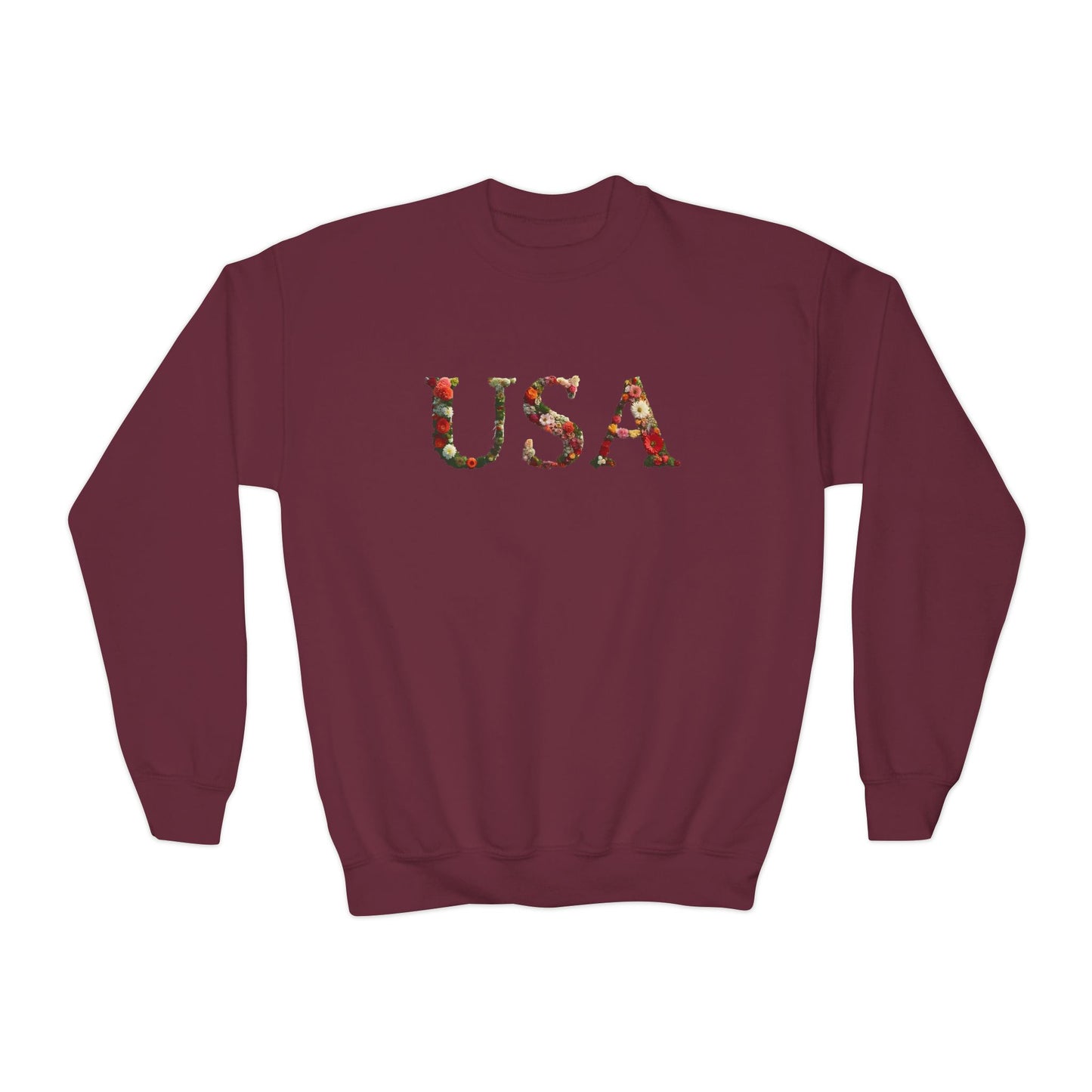 "USA" Floral Youth Crewneck Sweatshirt | Perfect for Independence Day, Casual Outings, Gifts, Stylish Comfort, Spring Fashion