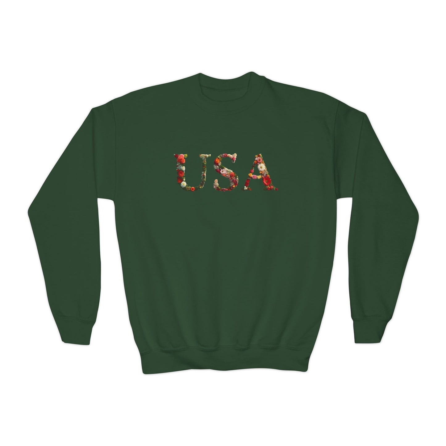 "USA" Floral Youth Crewneck Sweatshirt | Perfect for Independence Day, Casual Outings, Gifts, Stylish Comfort, Spring Fashion