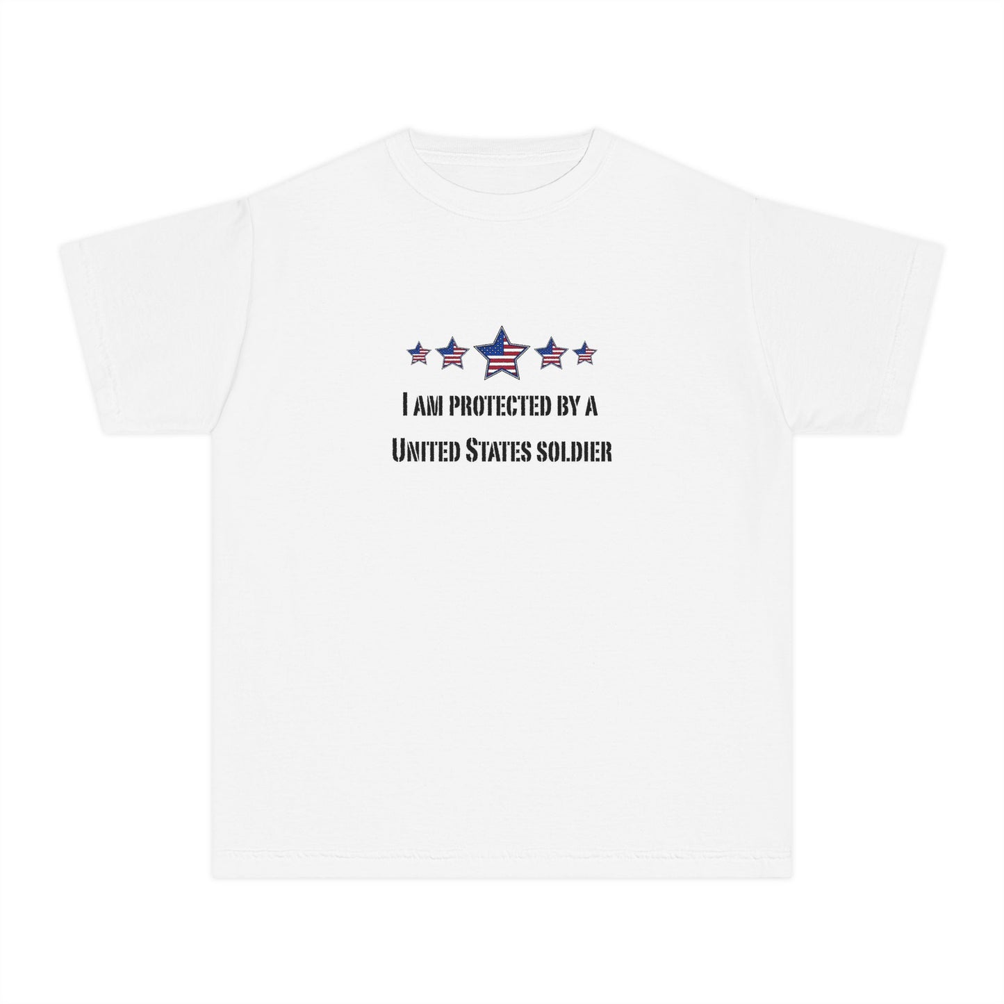 I am protected by a U.S. Soldier Youth Military-Inspired Tee: Proud Supporter Shirt, Patriotic Gift for Kids, Memorial Day, Veterans Day, Family Support Apparel