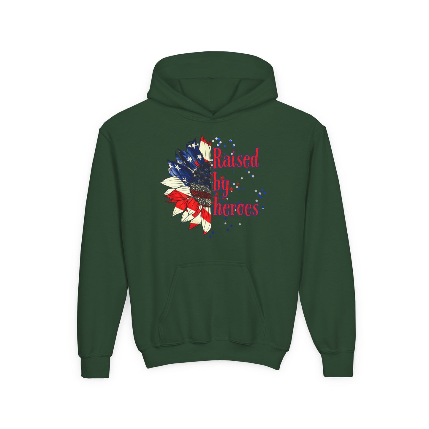 'Raised by Heroes' Pullover,' Patriotic Youth Hoodie, Rustic American Flag Sweatshirt, Independence Day Gift, Comfortable Kids Apparel