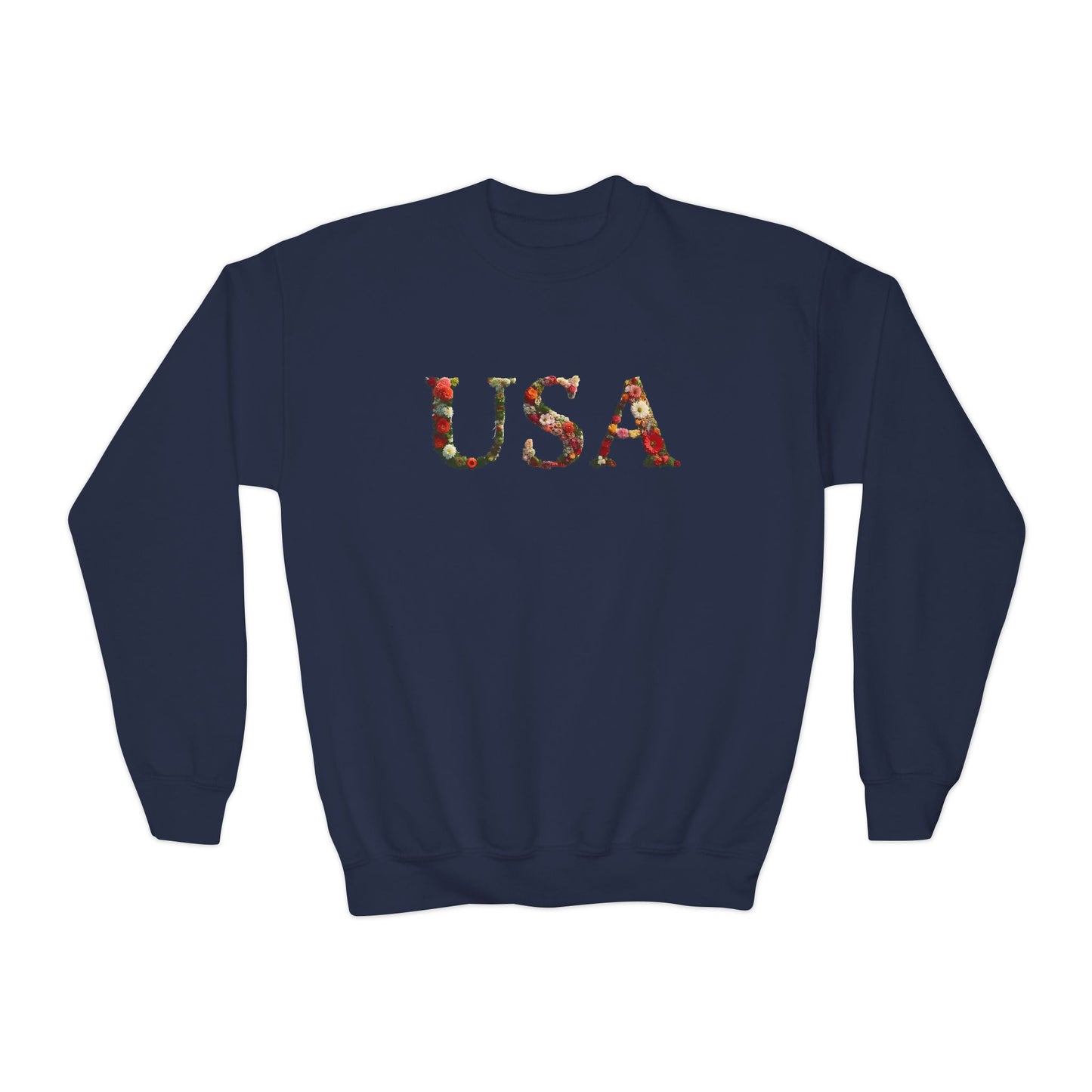 "USA" Floral Youth Crewneck Sweatshirt | Perfect for Independence Day, Casual Outings, Gifts, Stylish Comfort, Spring Fashion