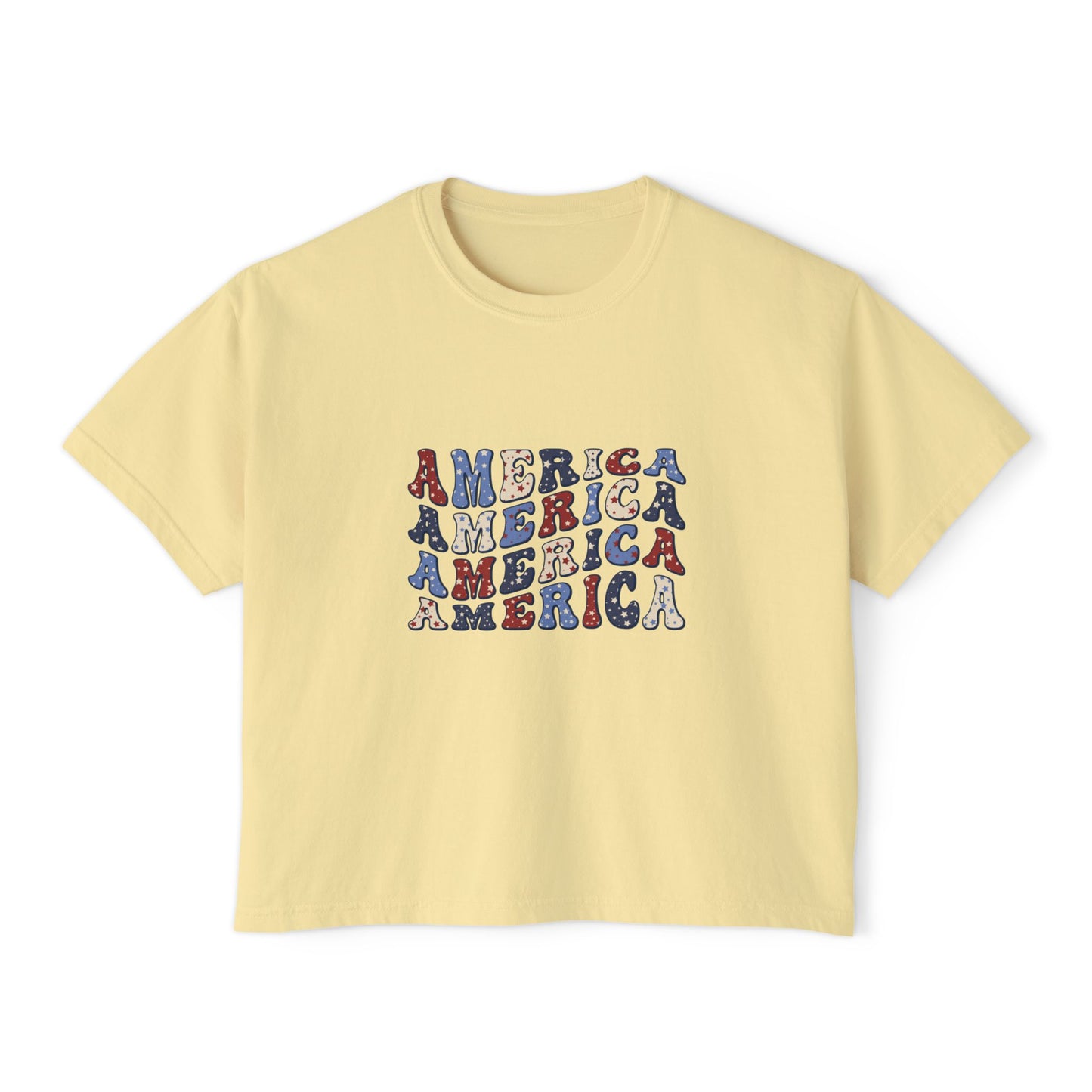 'America' Patriotic Women's Boxy Tee, America Graphic Shirt, Casual T-Shirt, 4th of July Top, Summer Outfit