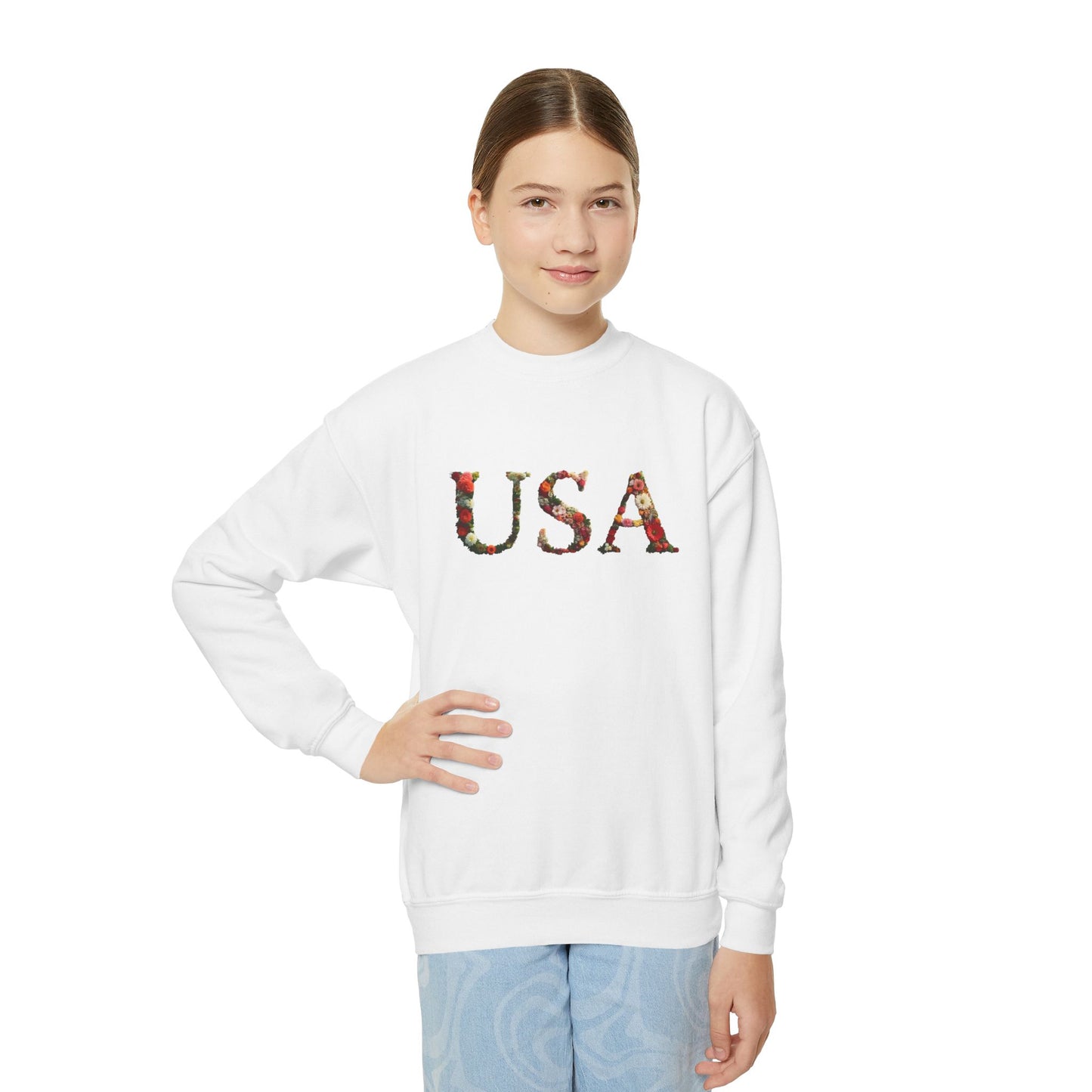 "USA" Floral Youth Crewneck Sweatshirt | Perfect for Independence Day, Casual Outings, Gifts, Stylish Comfort, Spring Fashion